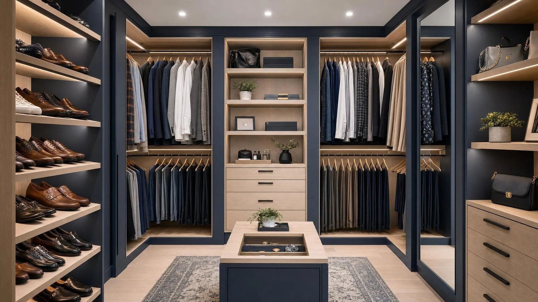 Walk-in closet in an Oakville home with double hanging rods, adjustable shelves, drawers, shoe storage and integrated lighting