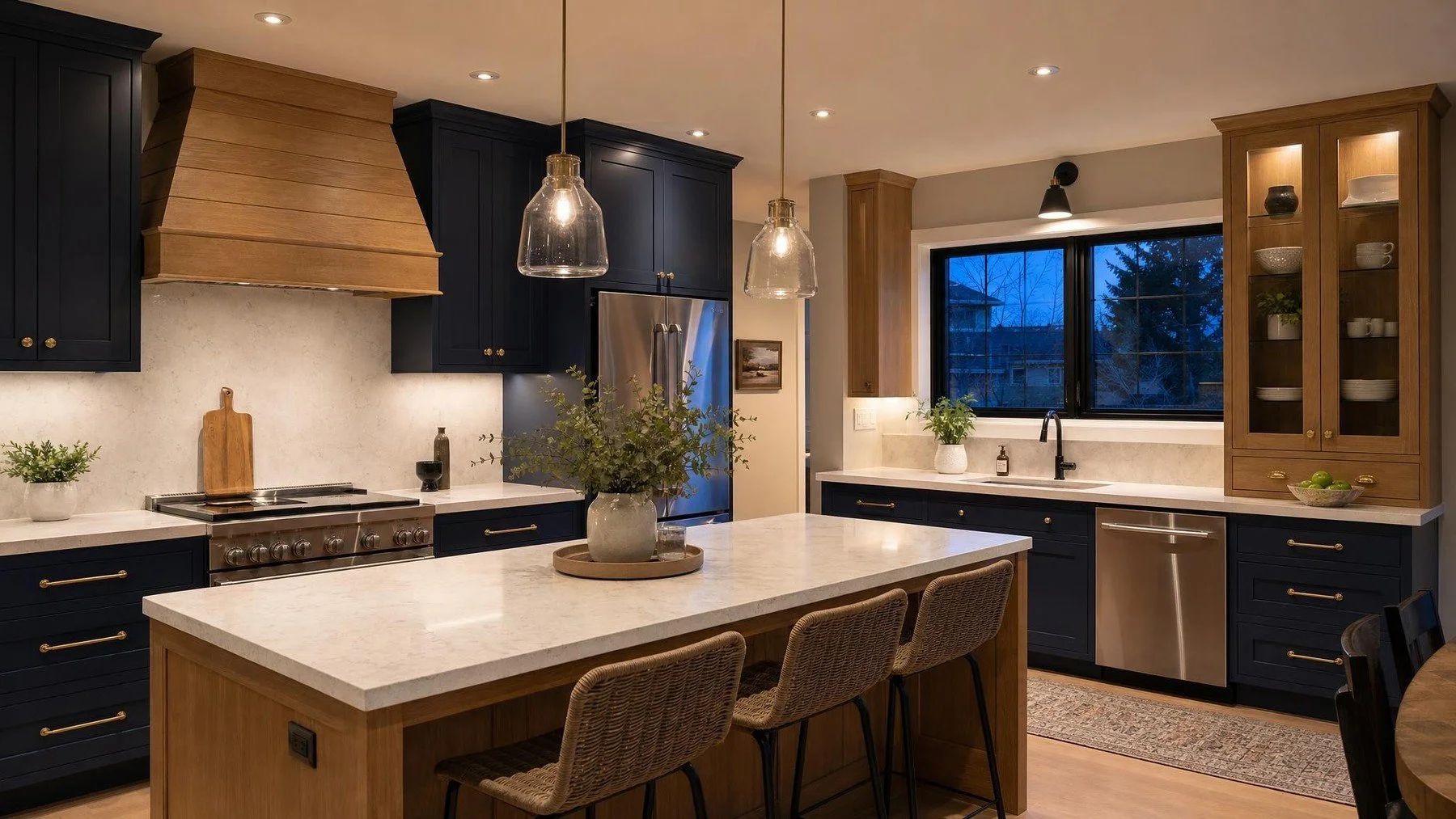 Layered pendant, recessed and under-cabinet lighting in a renovated Oakville kitchen
