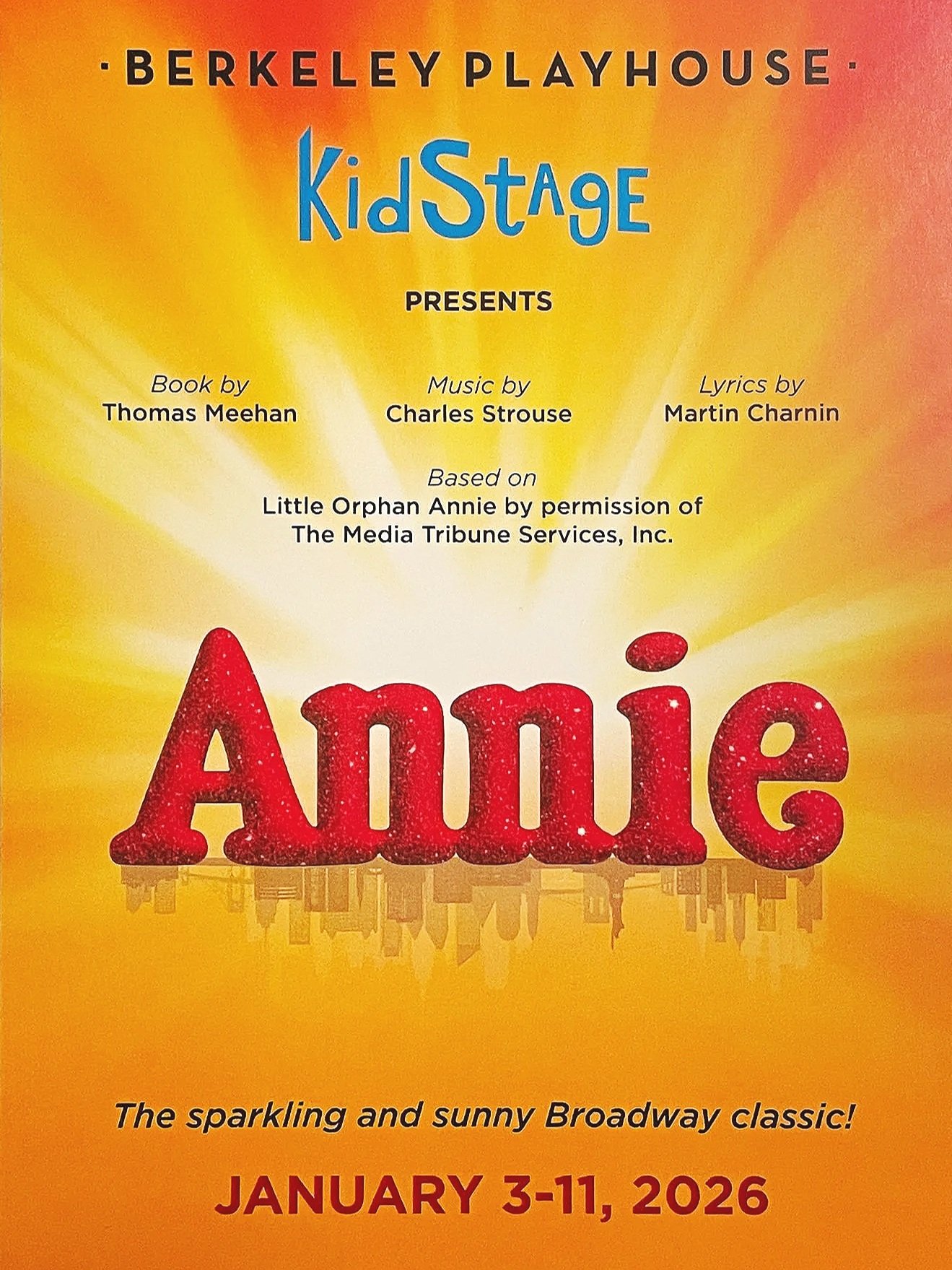 Promotion poster for a production of 'Annie' at Berkeley Playhouse, KidStage, running from January 3 to 11, 2026.