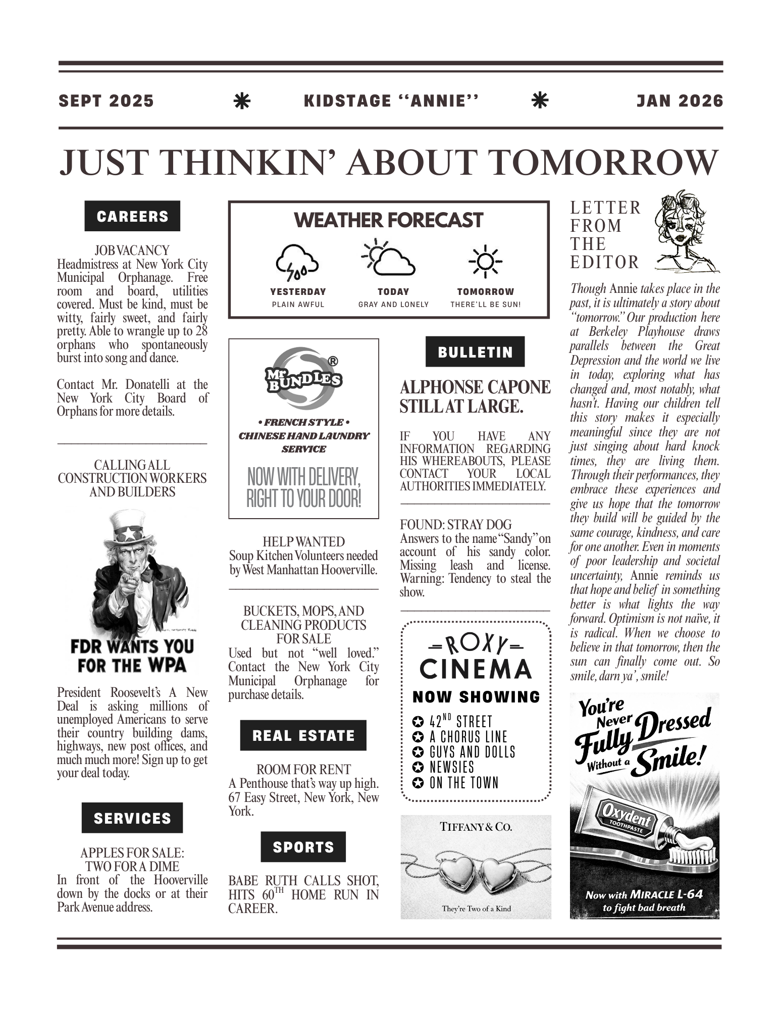 A black and white newspaper page titled "Just Thinkin' About Tomorrow" with sections for careers, weather forecast, bulletin, real estate, services, sports, and a letter to the editor. It includes headlines, small illustrations, and advertisements, with a comic style drawing of a woman and a toothpaste ad at the bottom right.