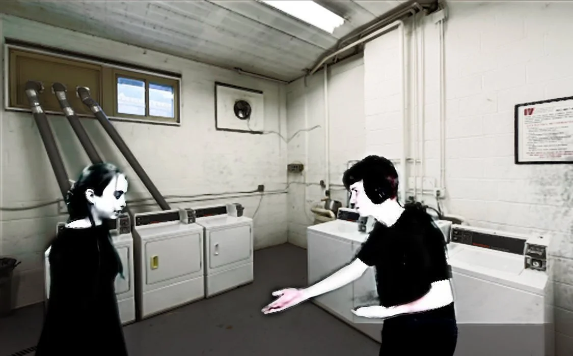 Tableau from Clara Holland's 'Almost Maine'. Two people in a laundromat engaged in conversation.