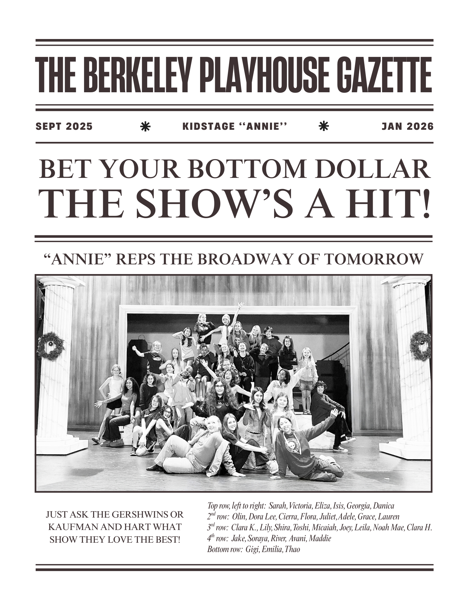 Front page of the Berkeley Playhouse Gazette with a black and white photo of children on stage, some seated and others standing, celebrating a theatrical performance of 'Annie'.