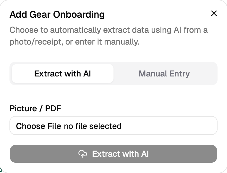 FocusLancer Studio Vault gear onboarding dialog with AI extraction and manual entry options