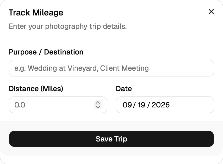 FocusLancer Track Mileage form with trip purpose, distance, and date