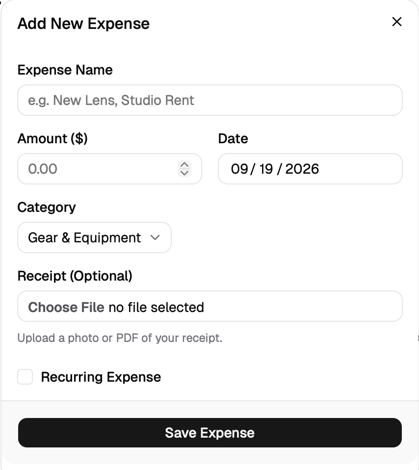 FocusLancer Add New Expense form with recurring expense and receipt options