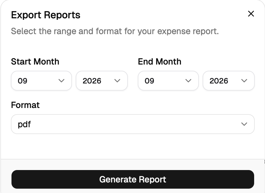 FocusLancer Export Reports dialog with month range selection and PDF export