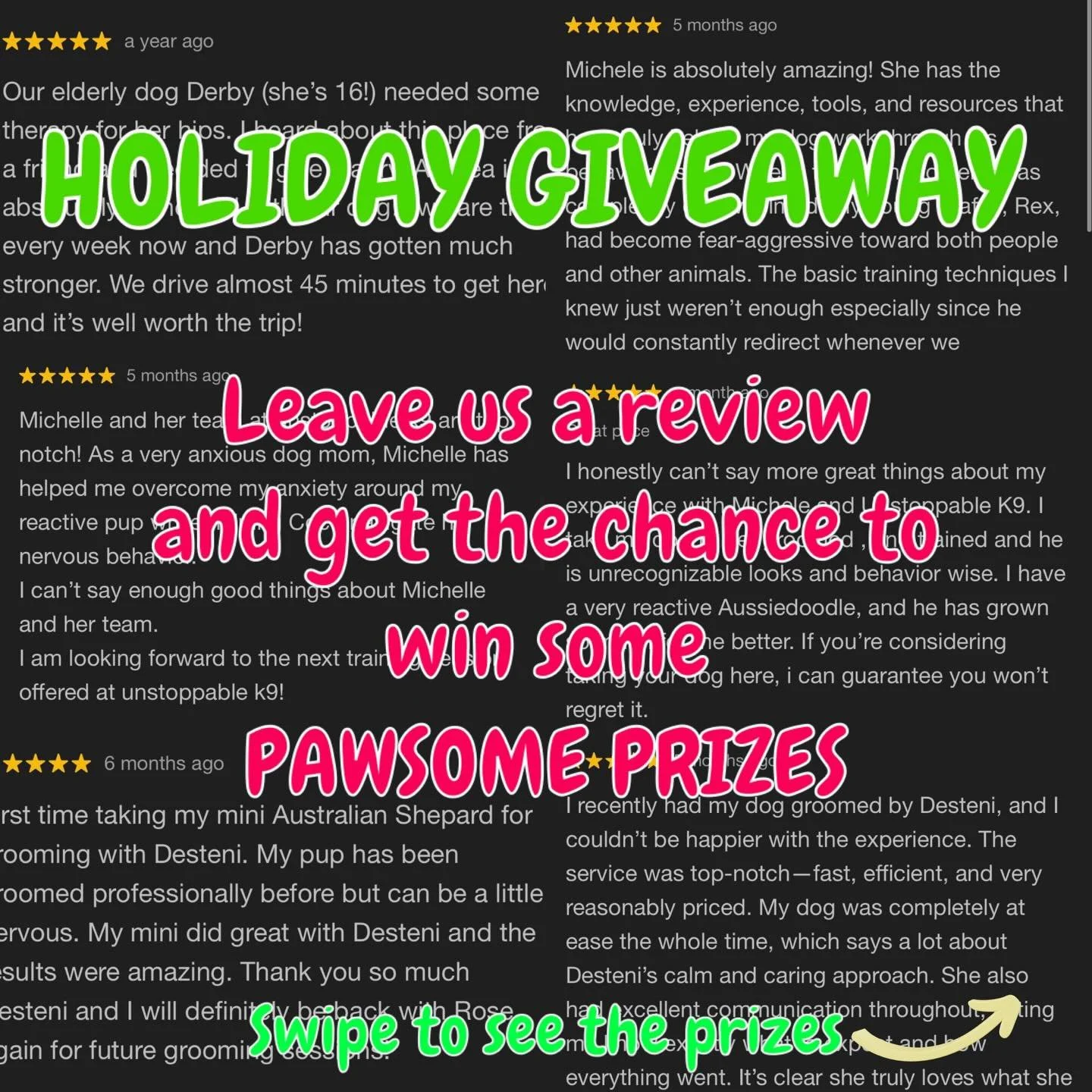 HOLIDAY GIVEAWAY 🎁 READ FOR DETAILS!
Leave us a new review this December and you&rsquo;ll be automatically entered into our festive raffle! 🎟️ (swipe to see prize options)
Winner will be drawn on January 2nd - may the holiday luck be ever in your f