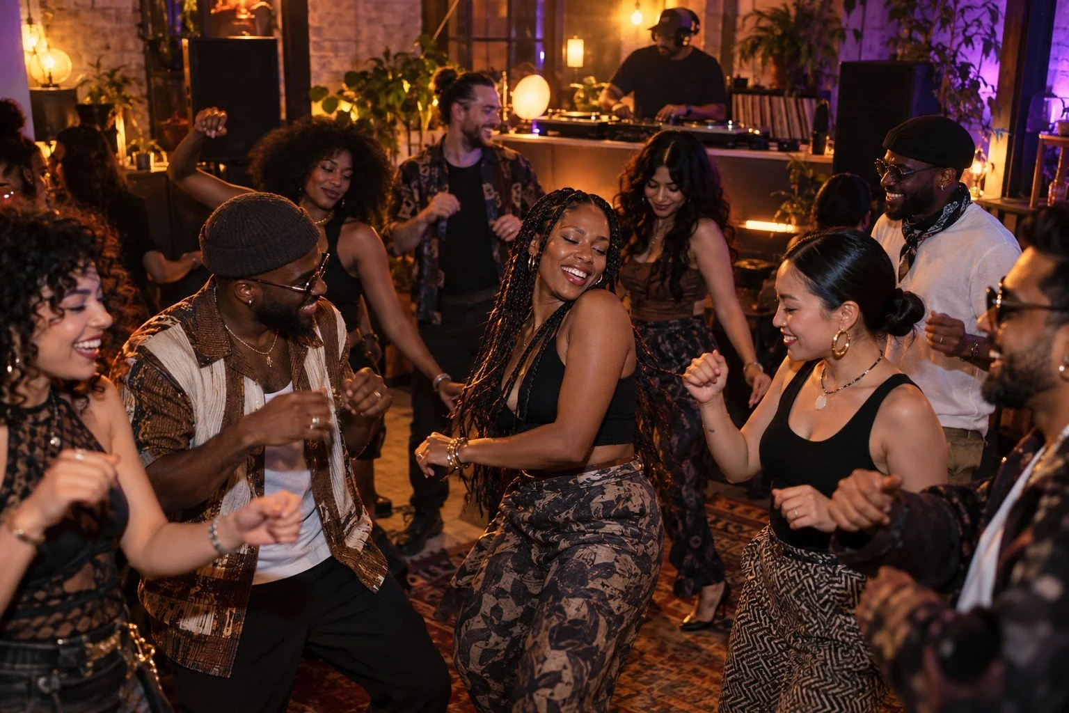 AI-created concept image of friends dancing together at an intimate multicultural music party.
