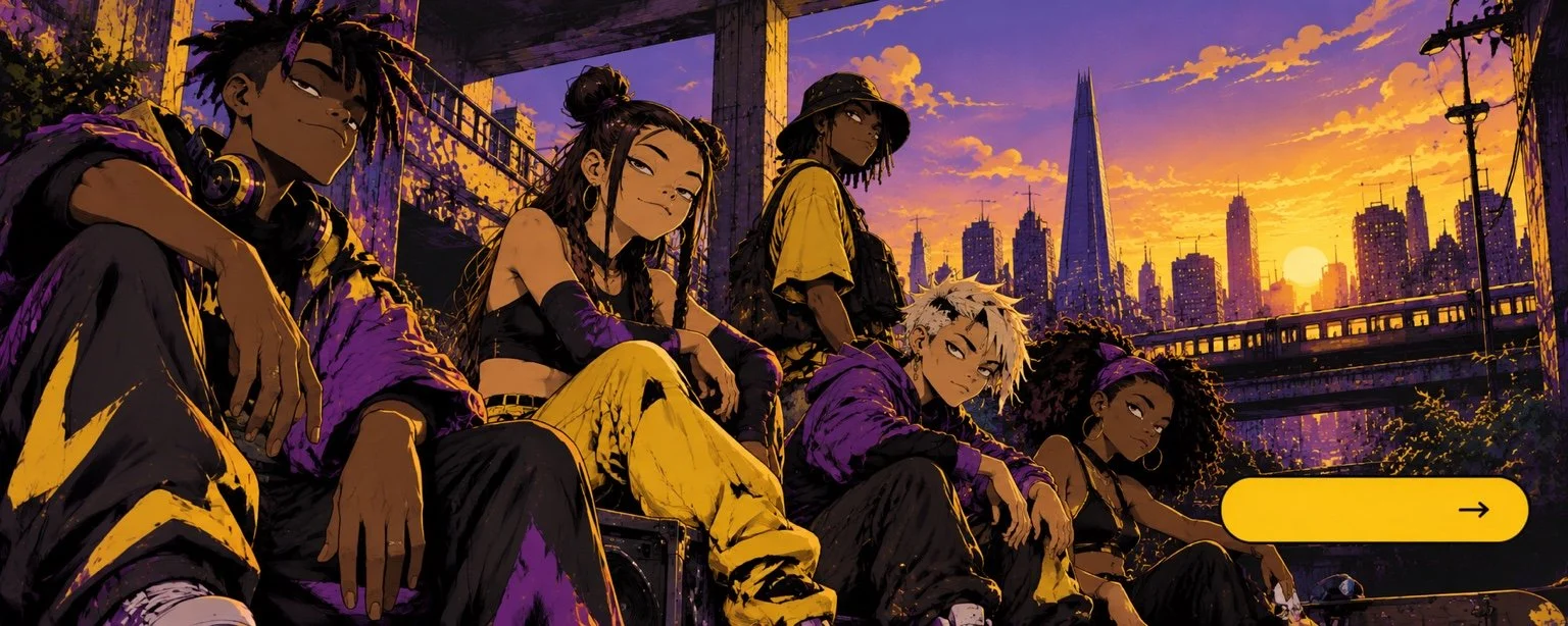 Illustrated street dance crew overlooking London at sunset in USDD colours