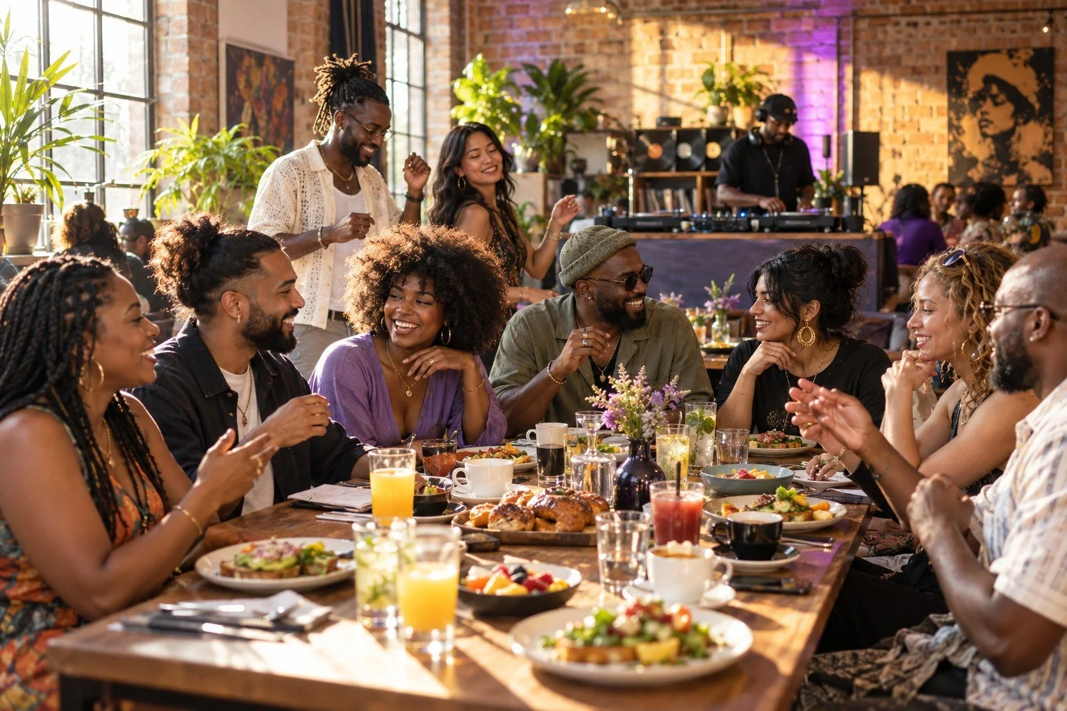 AI-created concept image of a multicultural group of friends enjoying brunch together with a DJ in the background.
