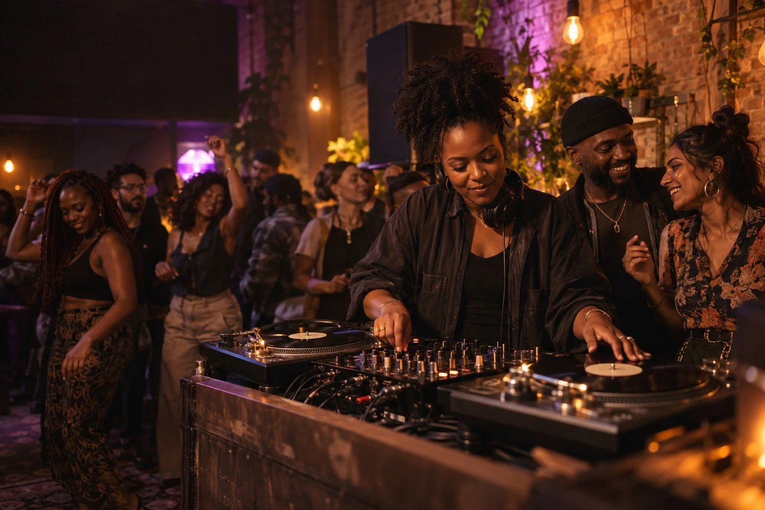 AI-created concept image of a DJ mixing vinyl while friends enjoy music and dancing together.