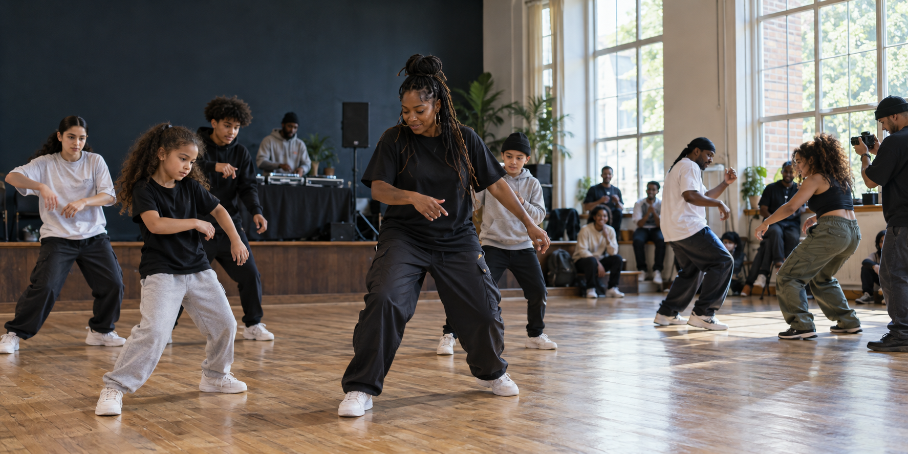 Illustration of a street dance coach teaching young dancers, with a DJ and freestyle dancers in a community studio.