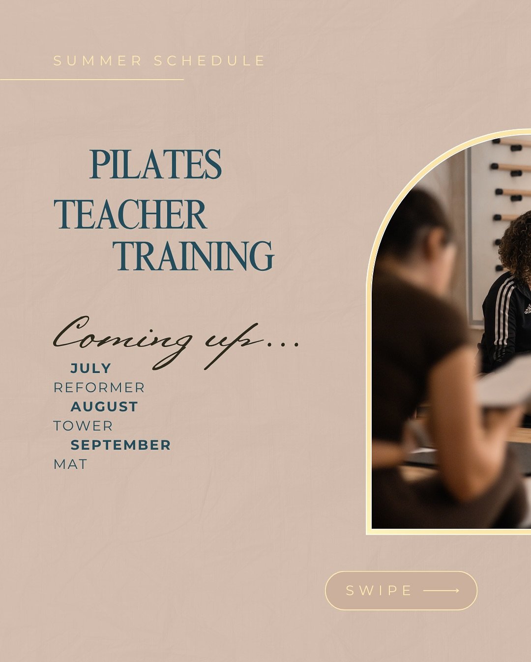 Pilates Teacher Training 
at The Pilates Club Middletown NY

☀️ Summer Schedule 

July 26+27 &bull; Pilates Reformer L1 
Aug. 9+10 &bull; Pilates Tower L1
Sep. 13+14 &bull; Pilates Mat L1

Edu: 
Beyond Fit Academy by Colleen Ketchum
&bull; Nationwide