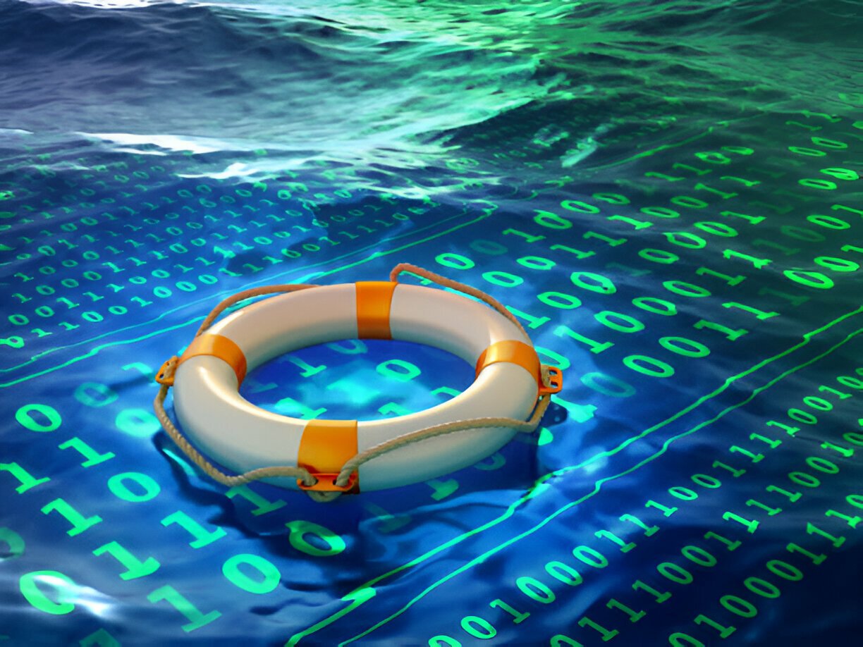 A life preserver floats on water with digital binary code written on the surface.