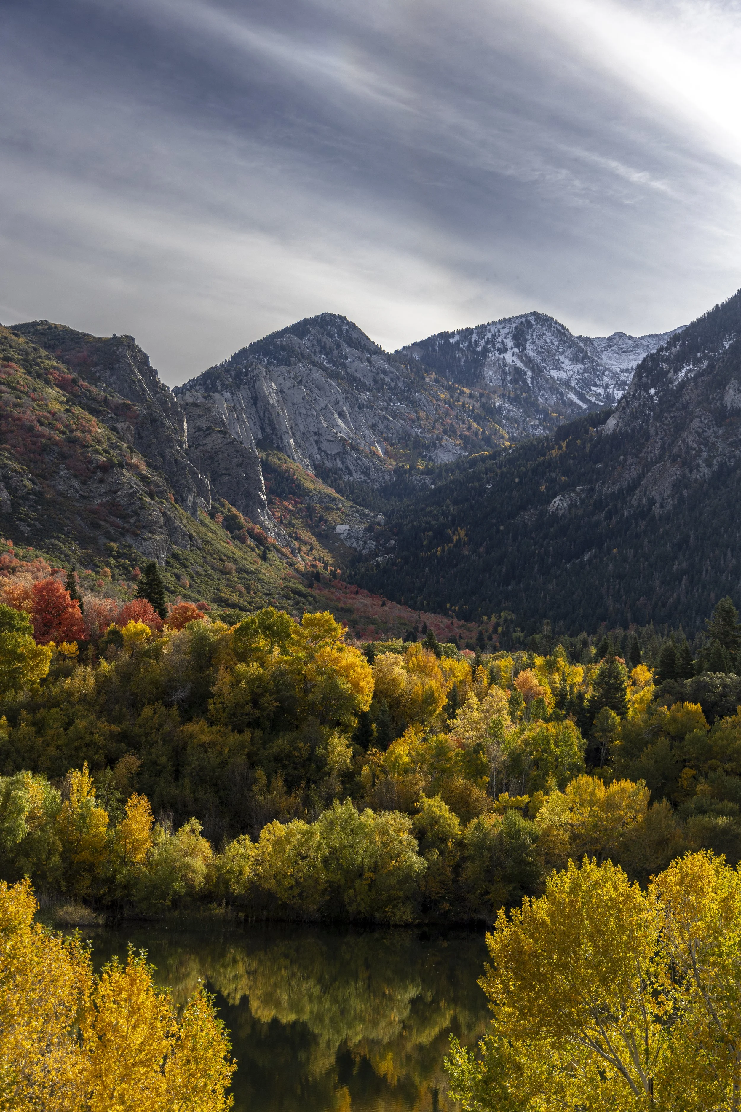 Scenic view of a mountain landscape with colorful autumn trees near a lake, with snow-capped peaks in the background and a cloudy sky overhead.