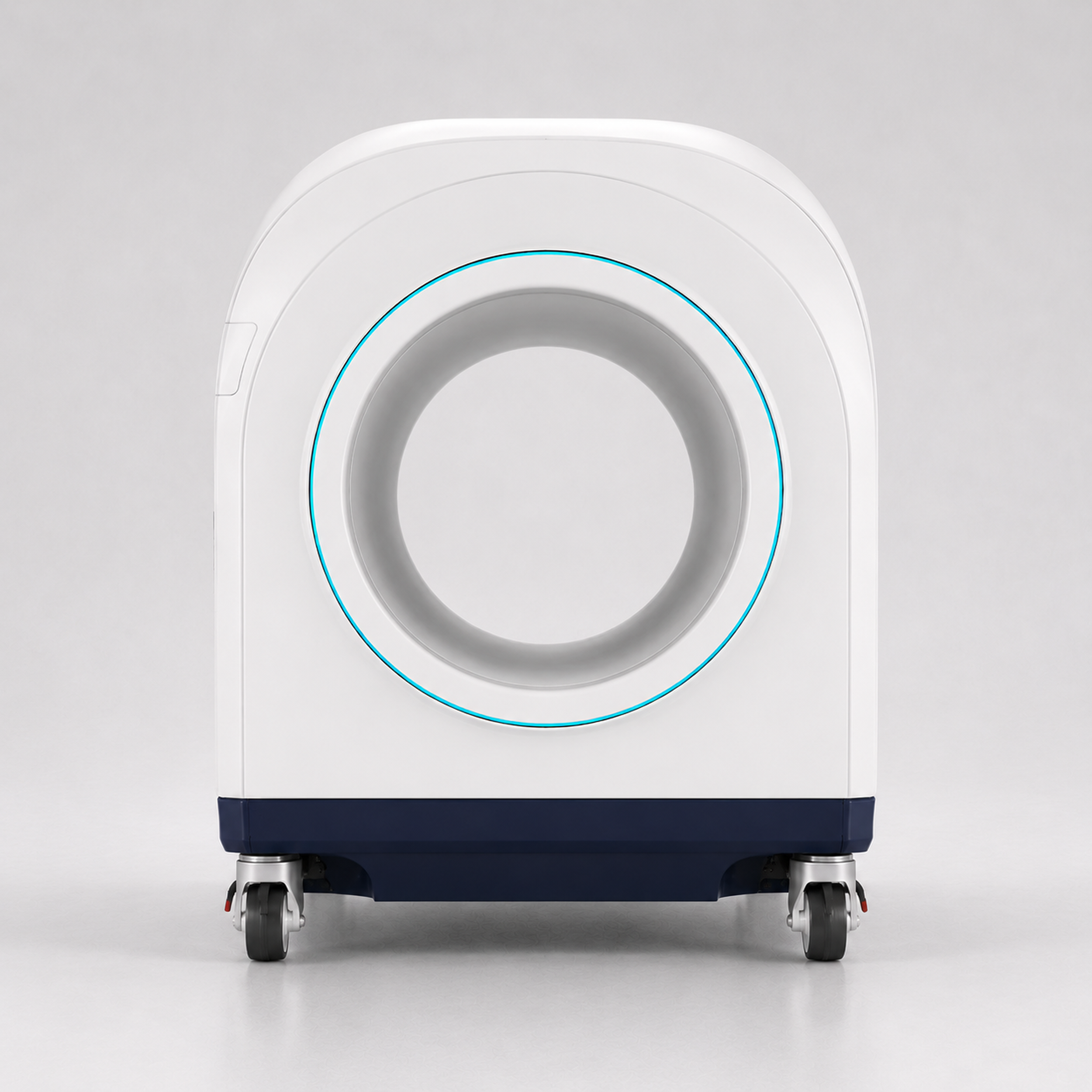 Front view of a modern white medical CT scanner with a circular opening and a blue illuminated ring, on a gray background.