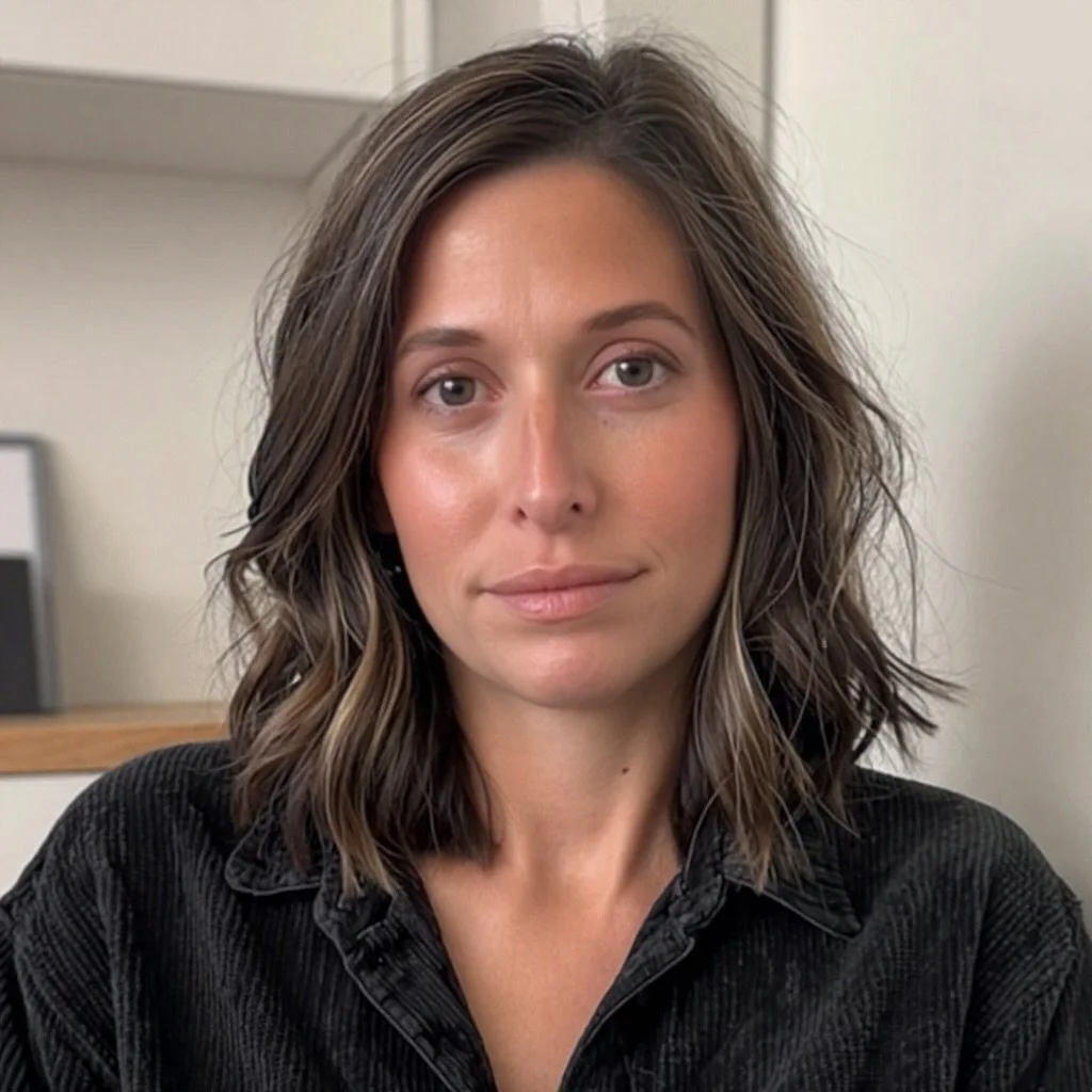 A woman with shoulder-length wavy brown hair and fair skin, wearing a black shirt, sitting indoors, looking directly at the camera.