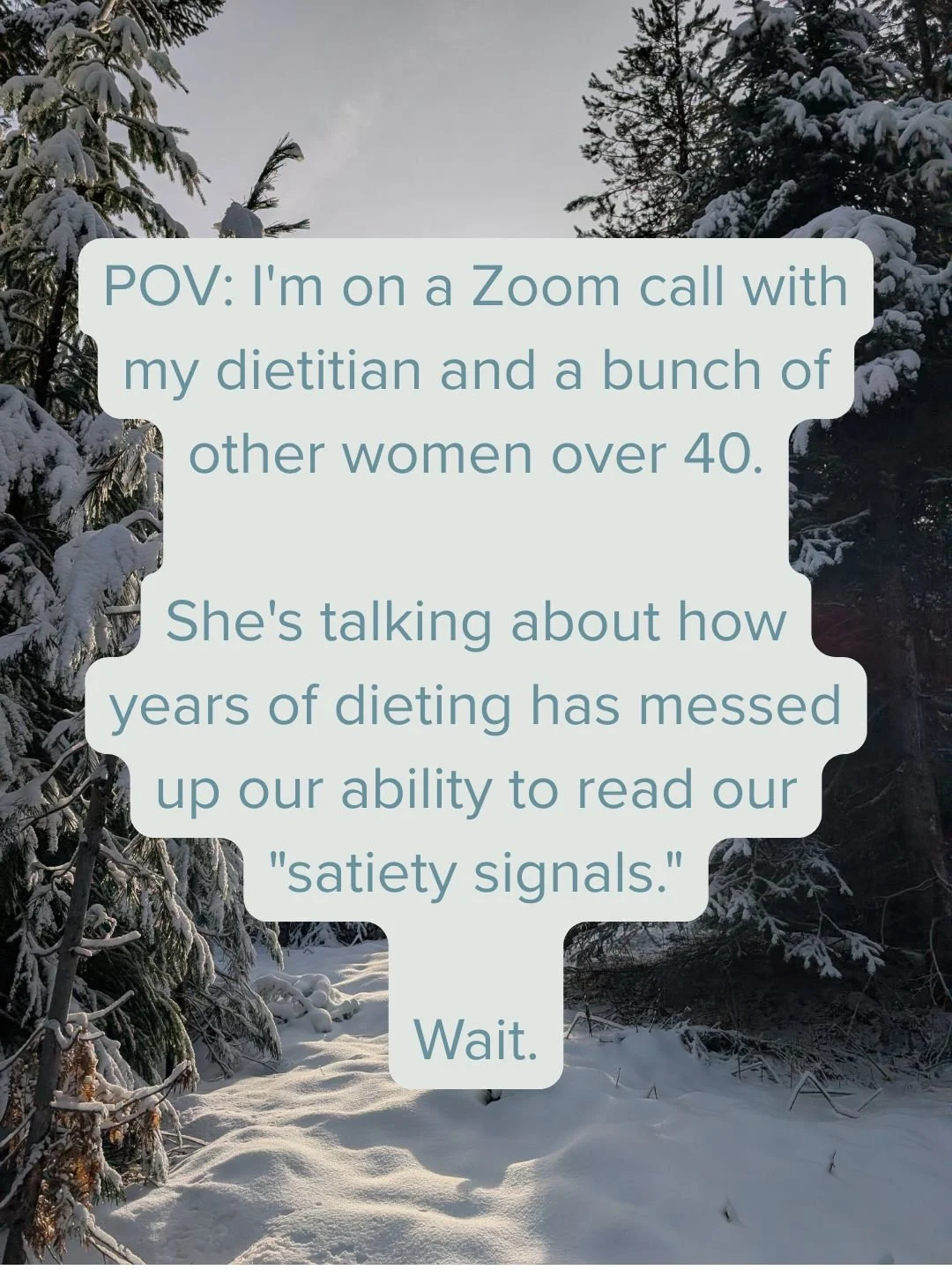 POV: I'm on a Zoom call with my dietitian and a bunch of other women over 40.
She's talking about how years of dieting has messed up our ability to read our "satiety signals."
Wait.
Satiety... what's that?
I have a master's degree. I've edi