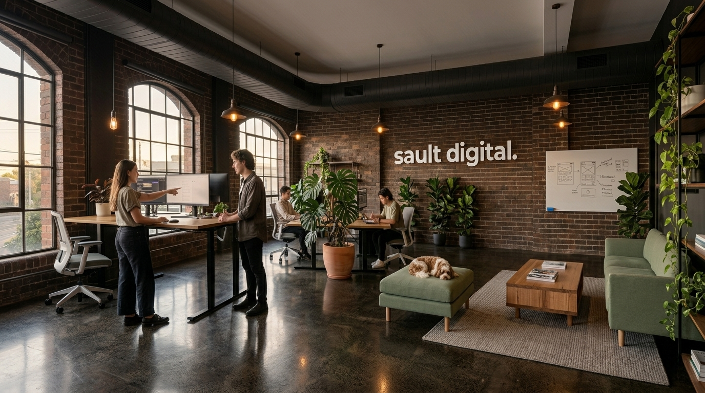 Inside a modern Sault Digital digital agency office in Melbourne, featuring an industrial-style workspace, two team members are discussing work at a desk with dual monitors while other staff collaborate in the background.