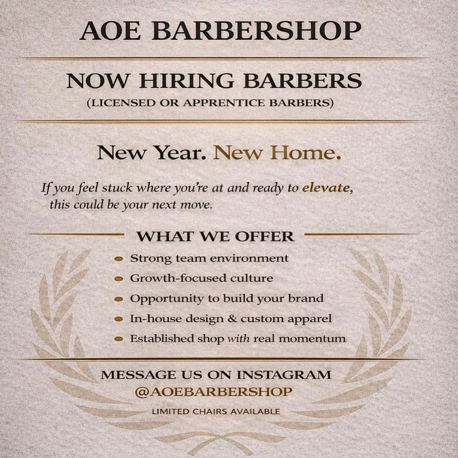If you&rsquo;ve been feeling capped where you&rsquo;re at and ready to elevate, this might be your next move.

We&rsquo;re opening the door for licensed and apprentice barbers looking for a strong team, growth-focused environment, and a place to buil