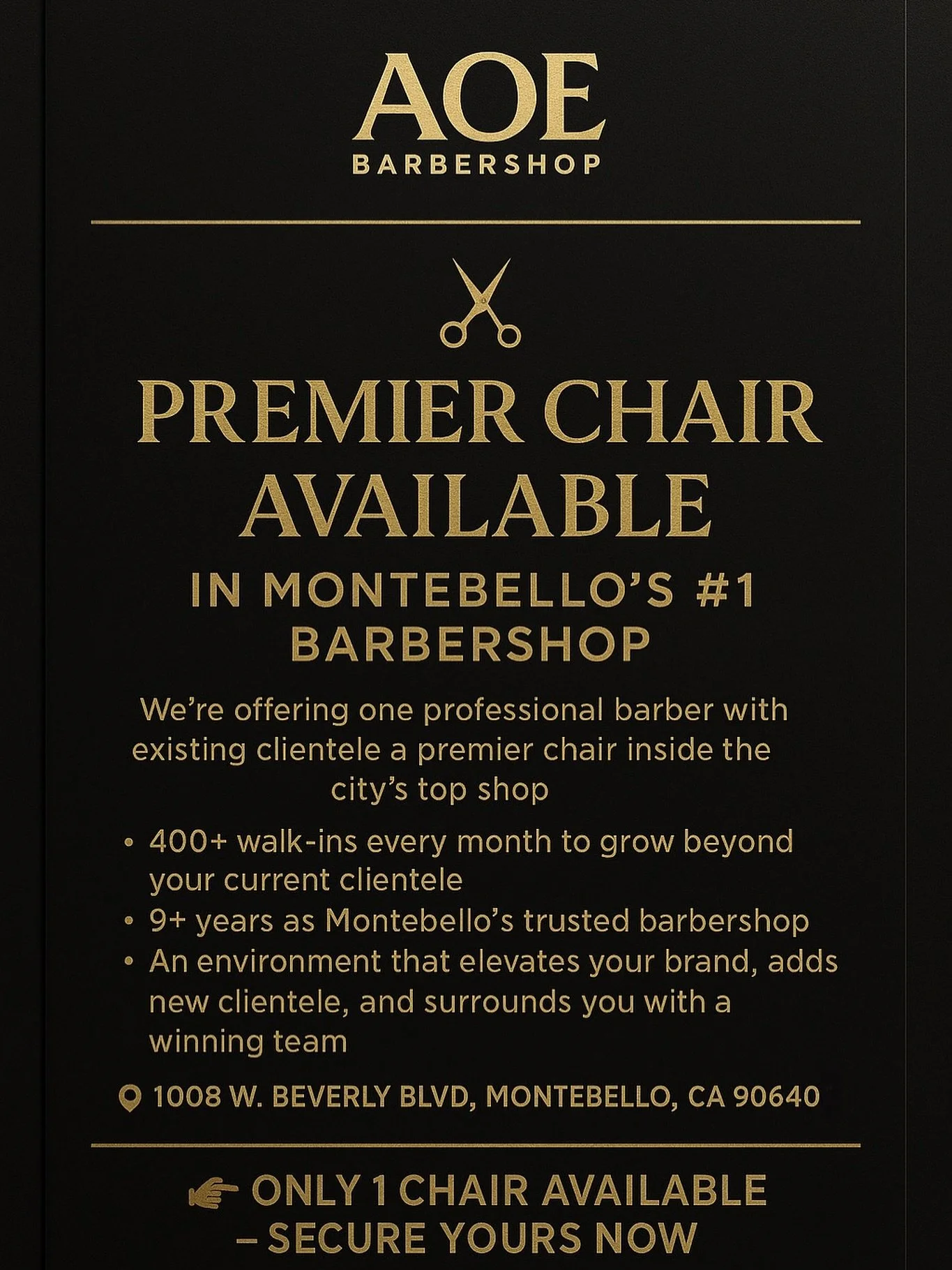 Not just a chair. A platform.
AOE Barbershop is opening one premier chair for a professional barber ready to level up.
Work where the culture, clientele, and growth align.
Only one spot &mdash; make your next move your best one.
#AOEBarbershop #Premi