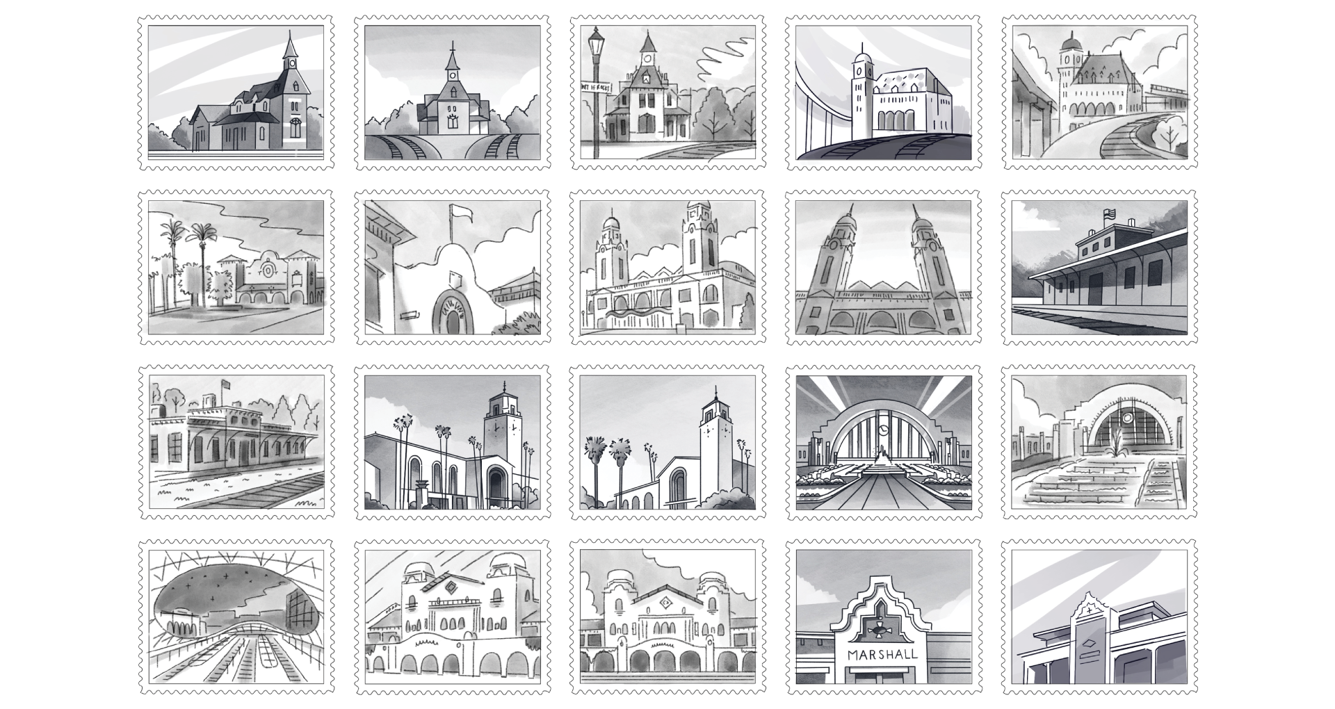 A collection of sketches for USPS's historic railroad station stamps by Down the Street Designs