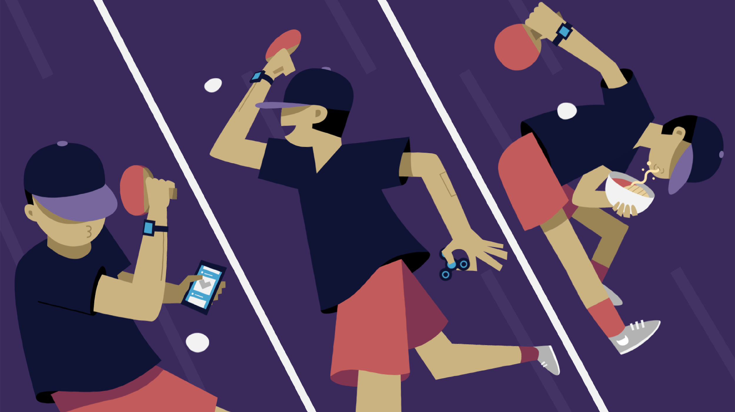 An illustrated triptych of a person playing table tennis while checking their phone and eating ramen.