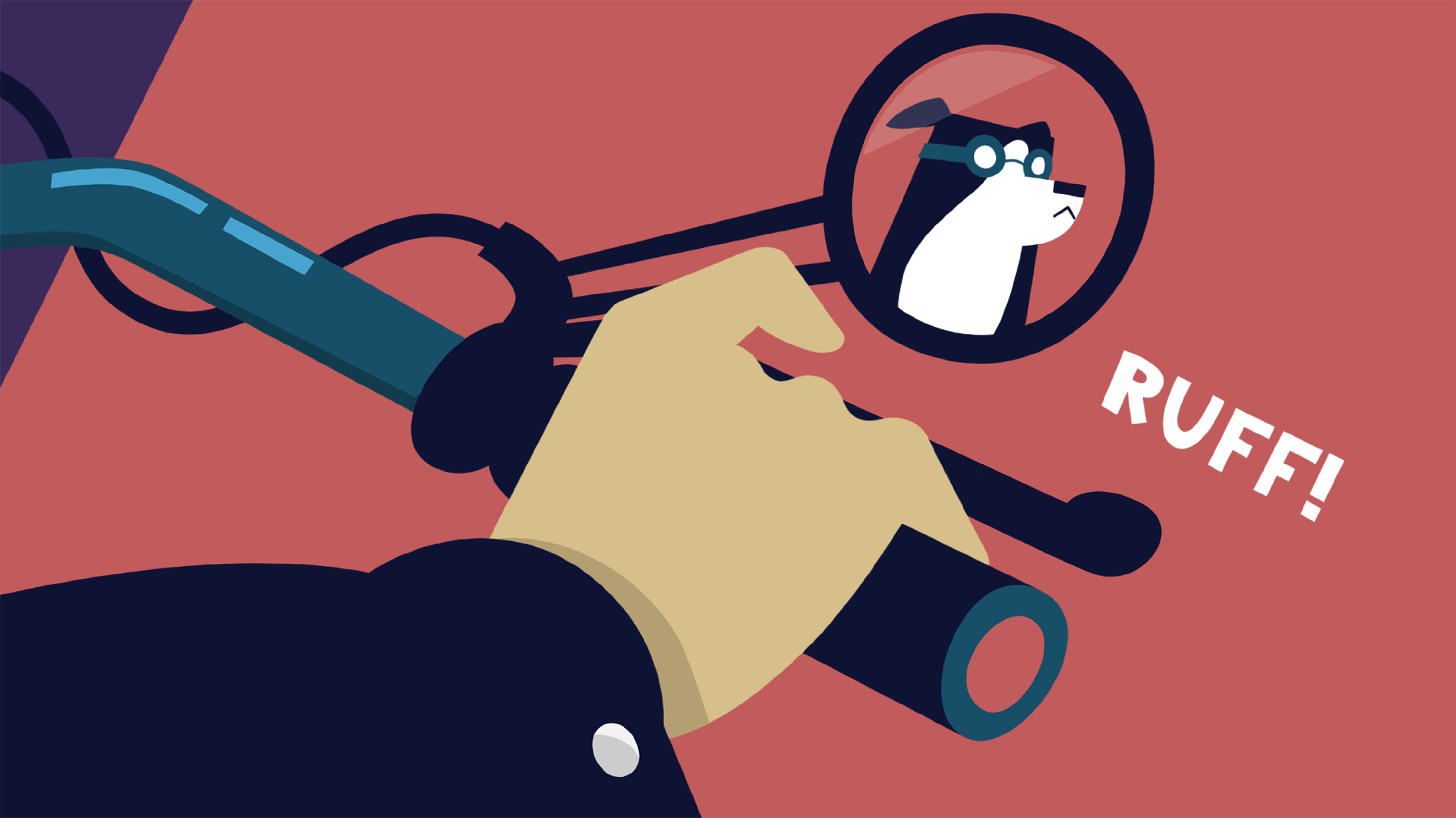 A stylized illustration of a dog wearing glasses reflected in a round mirror attached to a motorcycle.