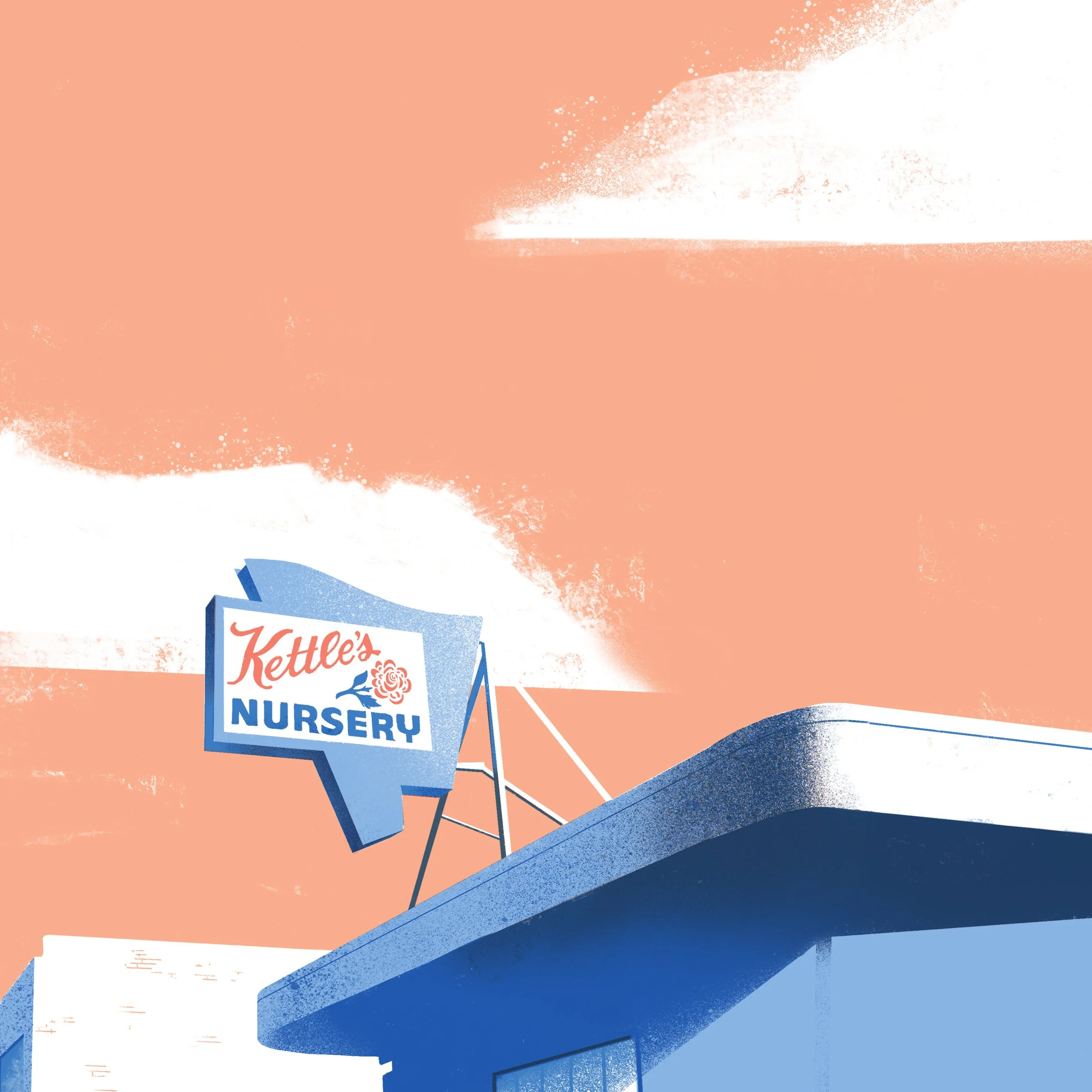 Illustration of a midcentury nursery with a sign that reads "Kettles Nursery" by Paul Zappia