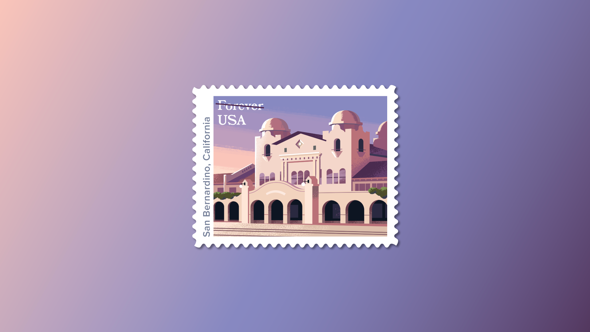 Illustration of the San Bernardino railroad station on a postage stamp for USPS with a purple sky background.