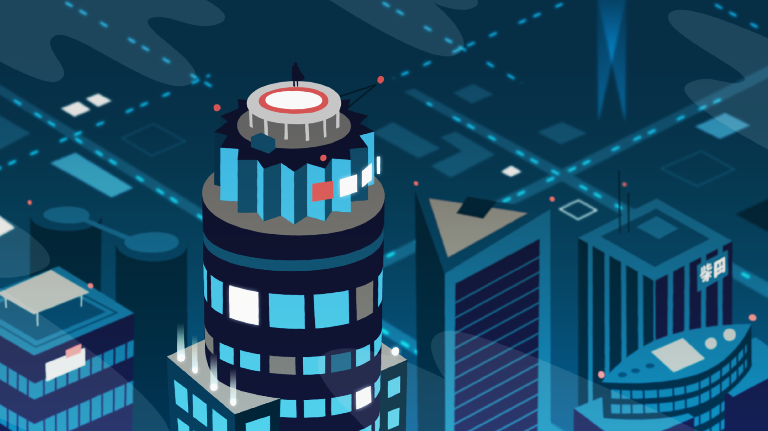 Futuristic cityscape with high-rise buildings, illuminated blue and white lights.