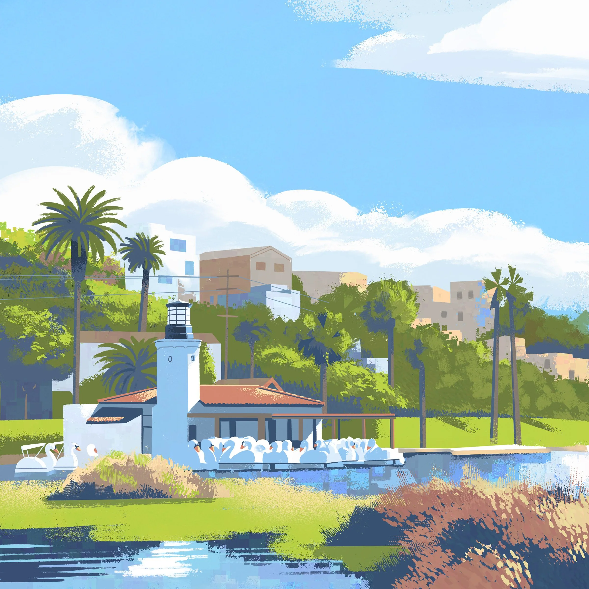Illustration of Echo Park Lake featuring the park's boathouse, swan boats, and lake in the foreground by Paul Zappia
