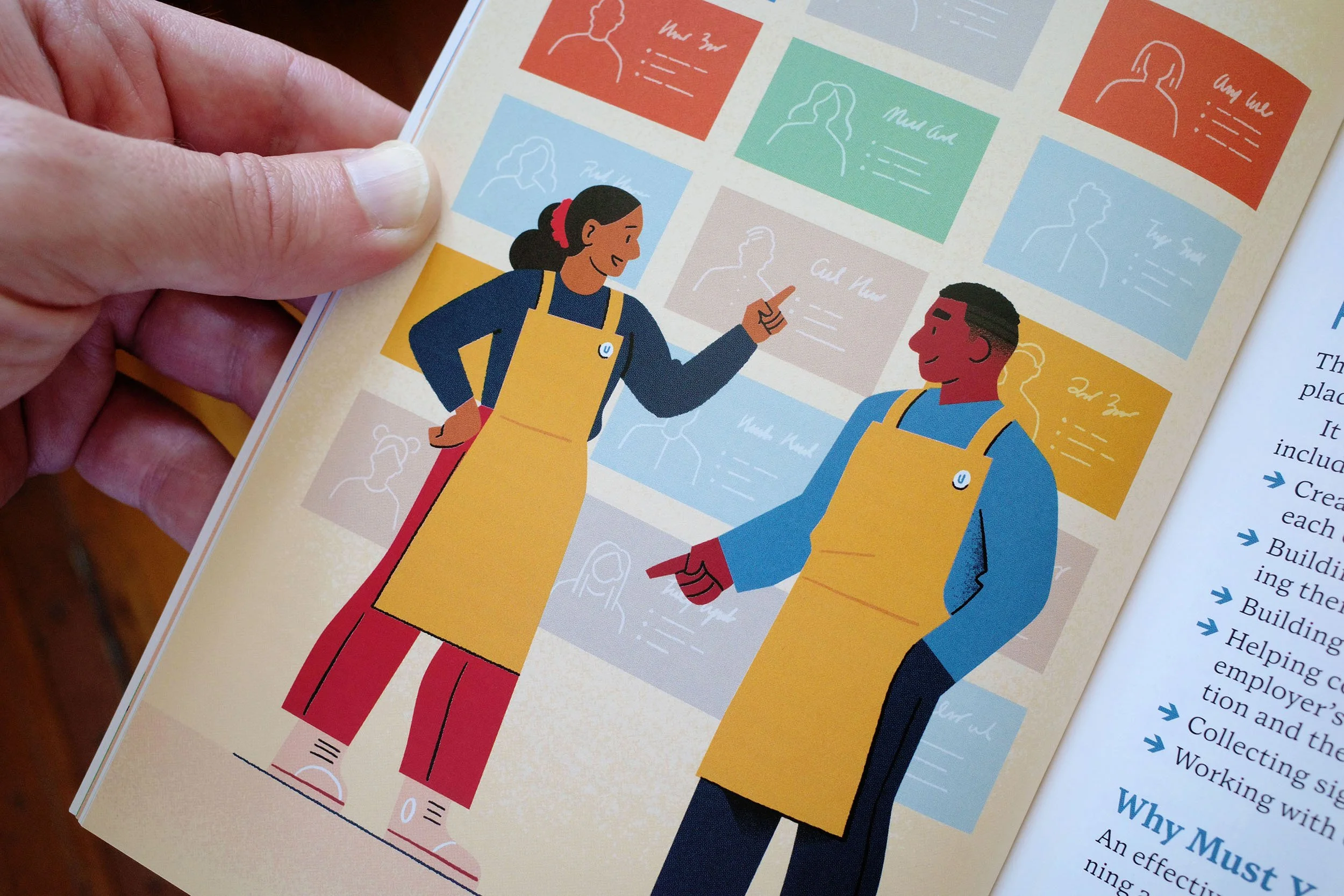 Illustration of two people wearing aprons engaged in conversation, surrounded by profile cards with names and outlines of other people's faces.