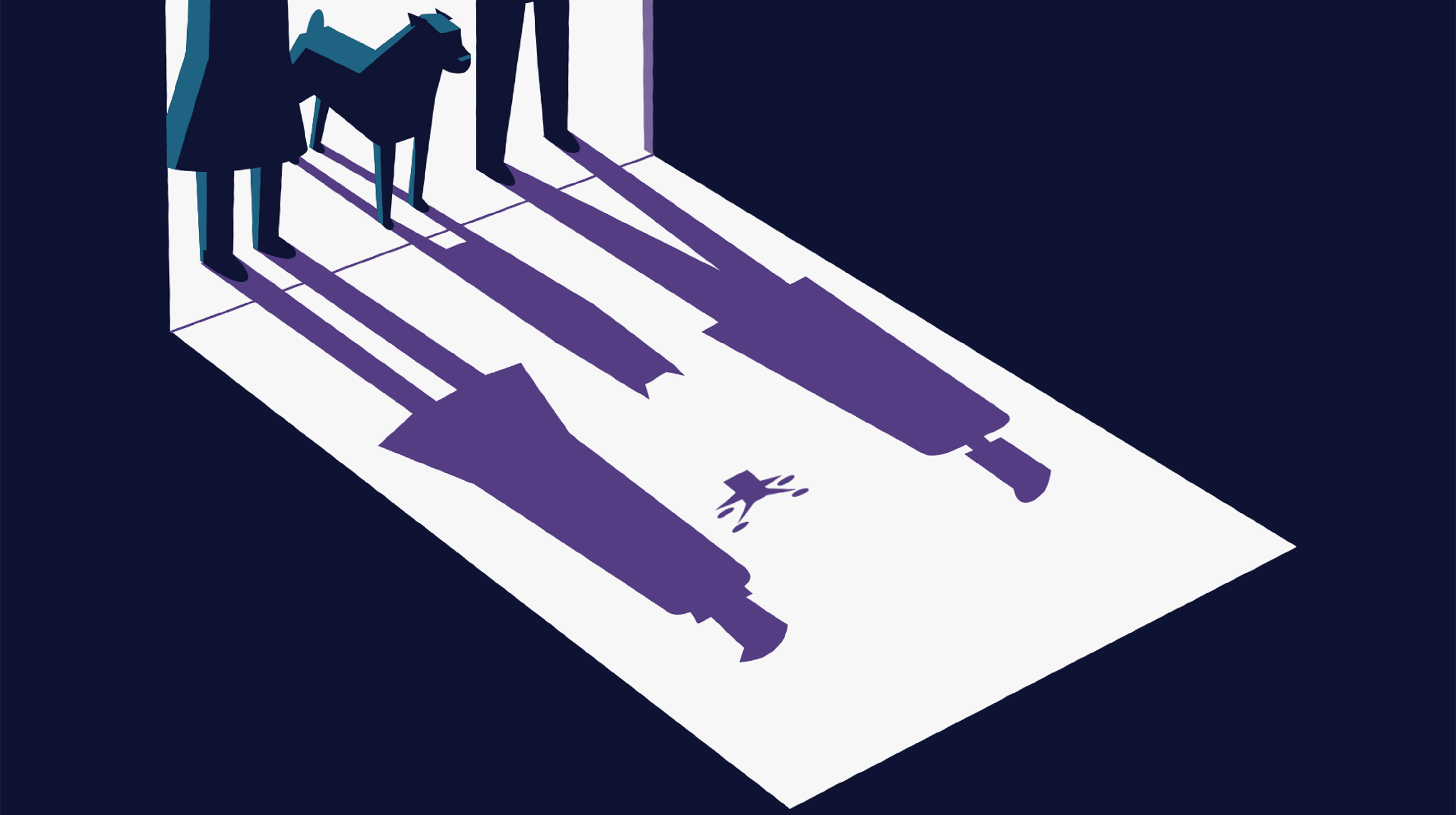 Shadow of two individuals and a dog cast on the floor in a dimly lit room.