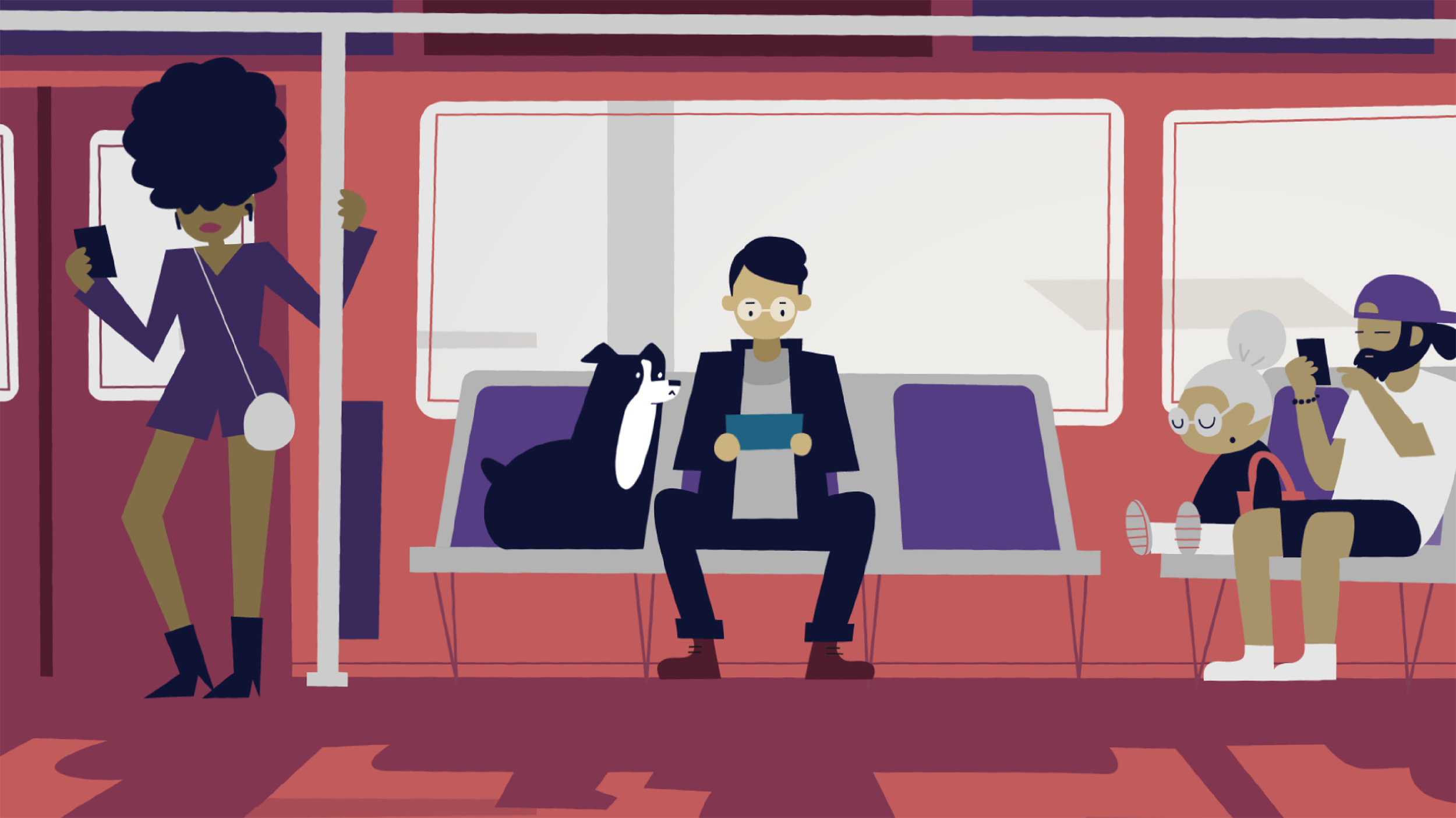 Illustration of a group of four people and a dog at a subway station. A woman with curly hair and purple outfit standing near the door holds a phone. A man with glasses, black hair, and black suit sitting on a bench with a black and white dog. An elderly woman with glasses, sitting on the benches, and a man with a beard, hat, and wristband, sitting on the right, using a phone.