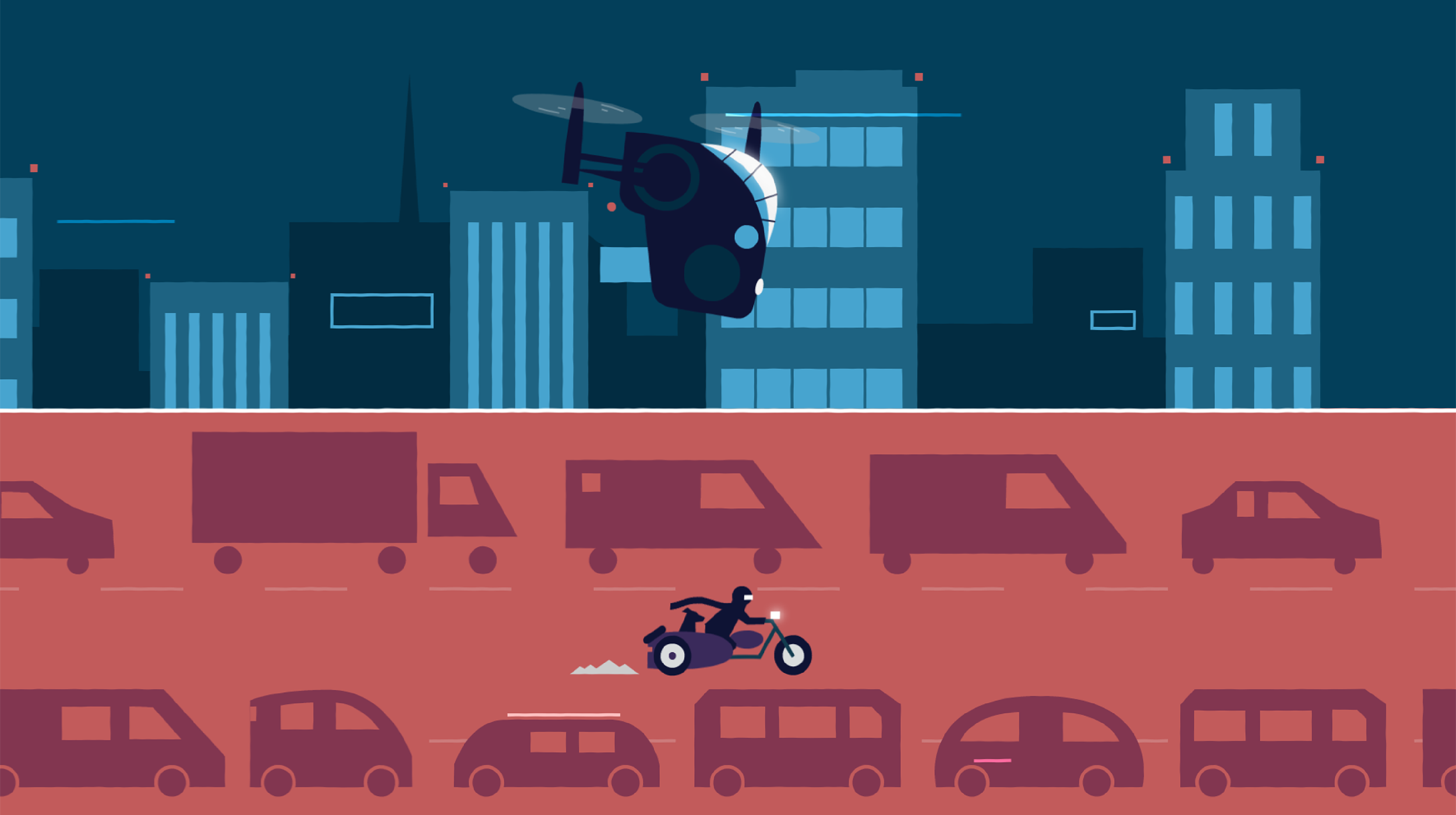 Animated cityscape at night with a drone flying above and a motorcycle rider on the street below.