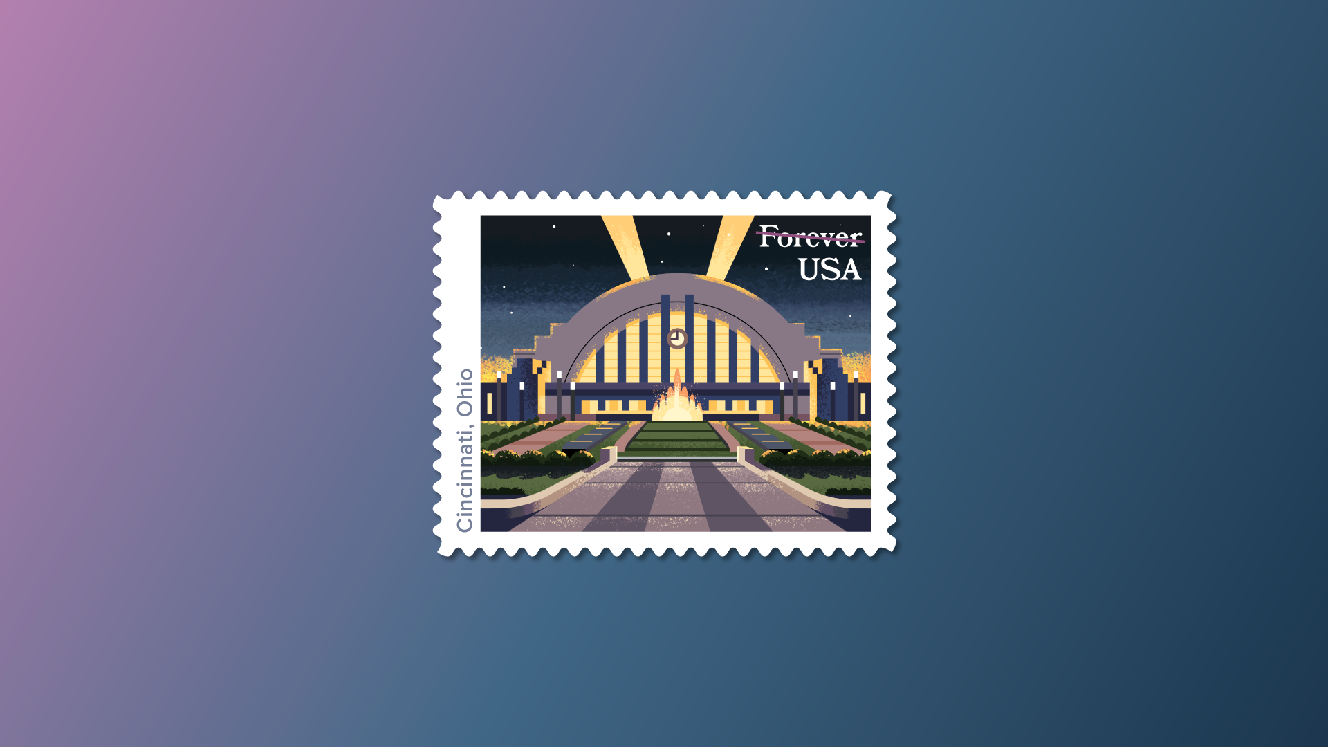 A postage stamp by Paul Zappia featuring the Cincinnati, Ohio Union Terminal with a night sky, spotlight beams, and landscaped pathways.