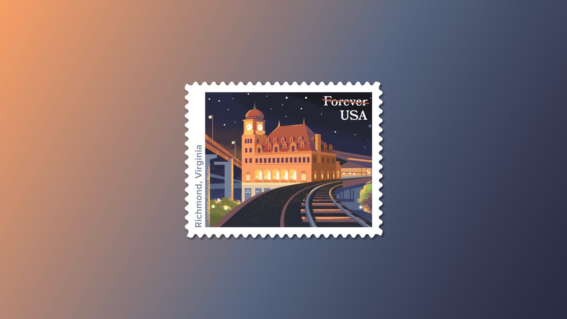 U.S. postage stamp featuring a nighttime illustration of Richmond, Virginia's Main Street Station, railroad tracks, and a bridge, against a starry sky.
