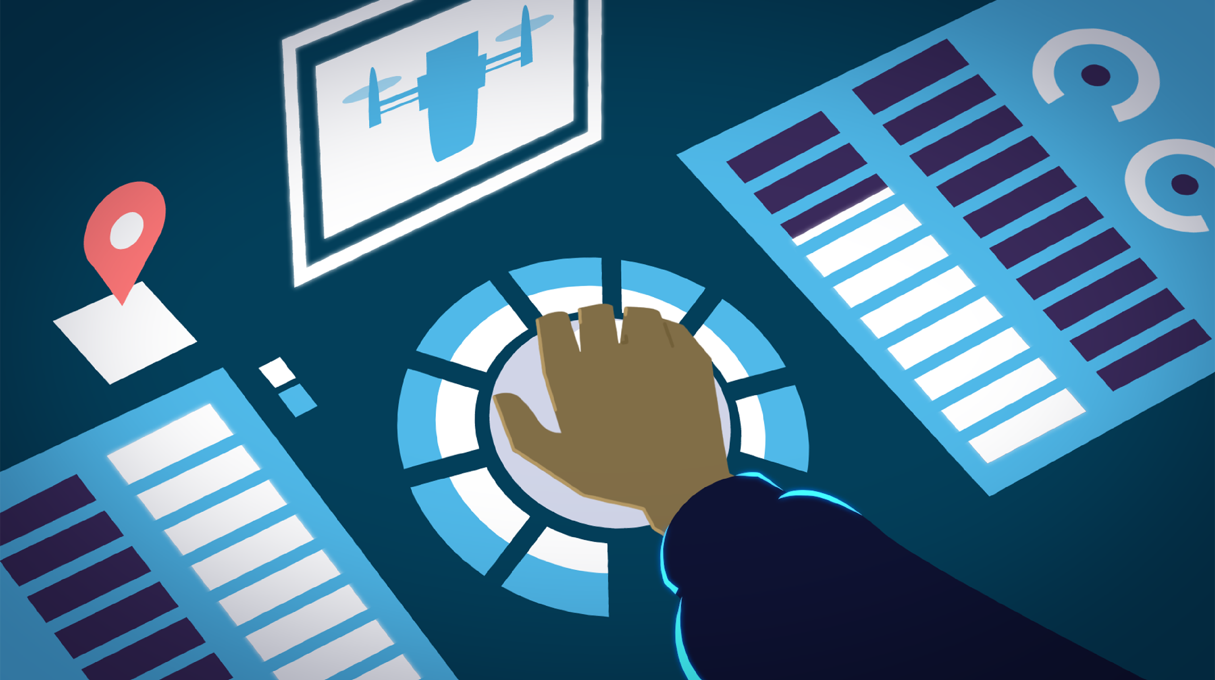 A digital illustration of a pilot's hand on a control yoke surrounded by various airplane cockpit instruments, including a radar display, schematic diagram of the airplane, and fuel gauge, in a futuristic style with a blue color scheme.