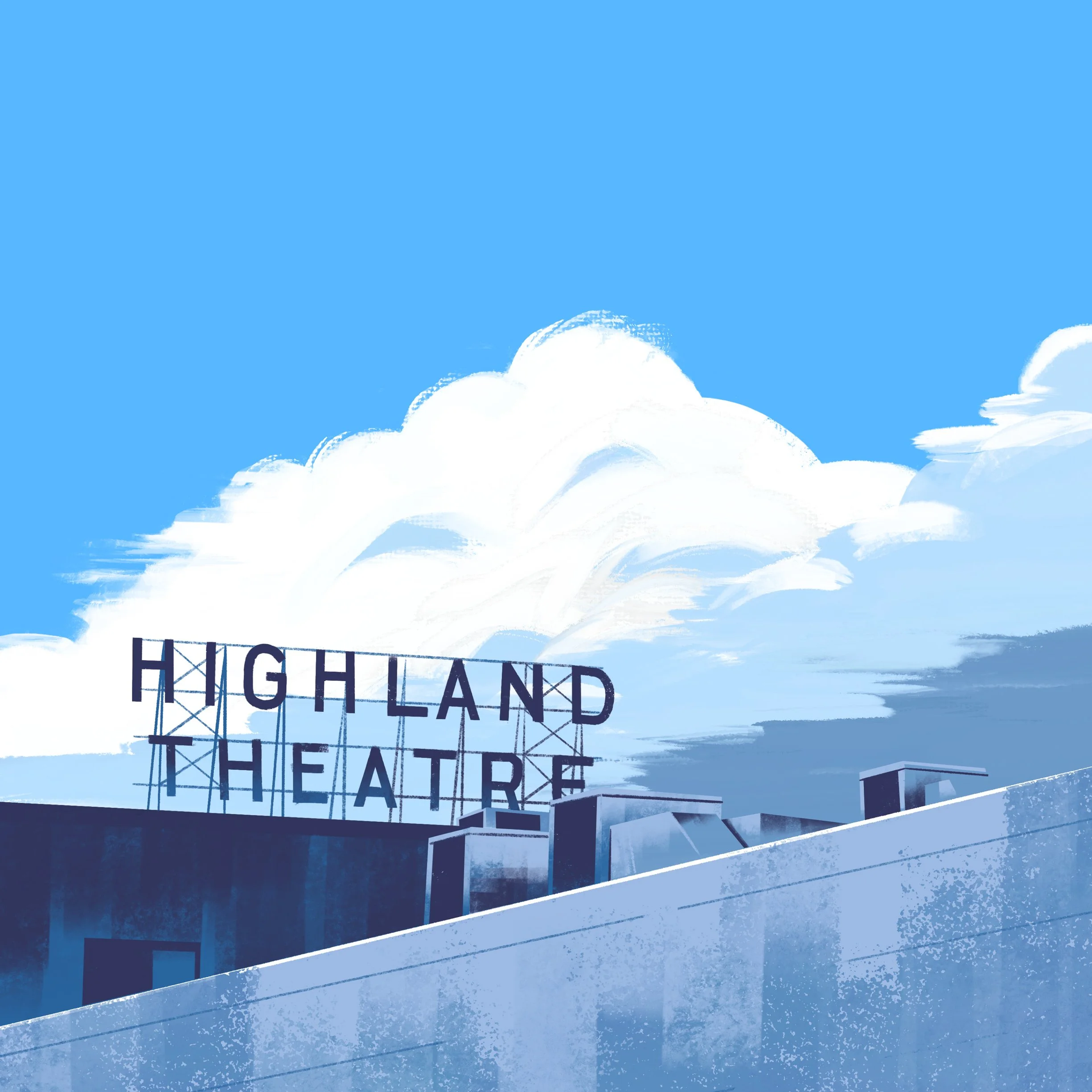 Illustration of the Highland Theatre in Los Angeles featuring its prominent signage and clouds in the background by Paul Zappia