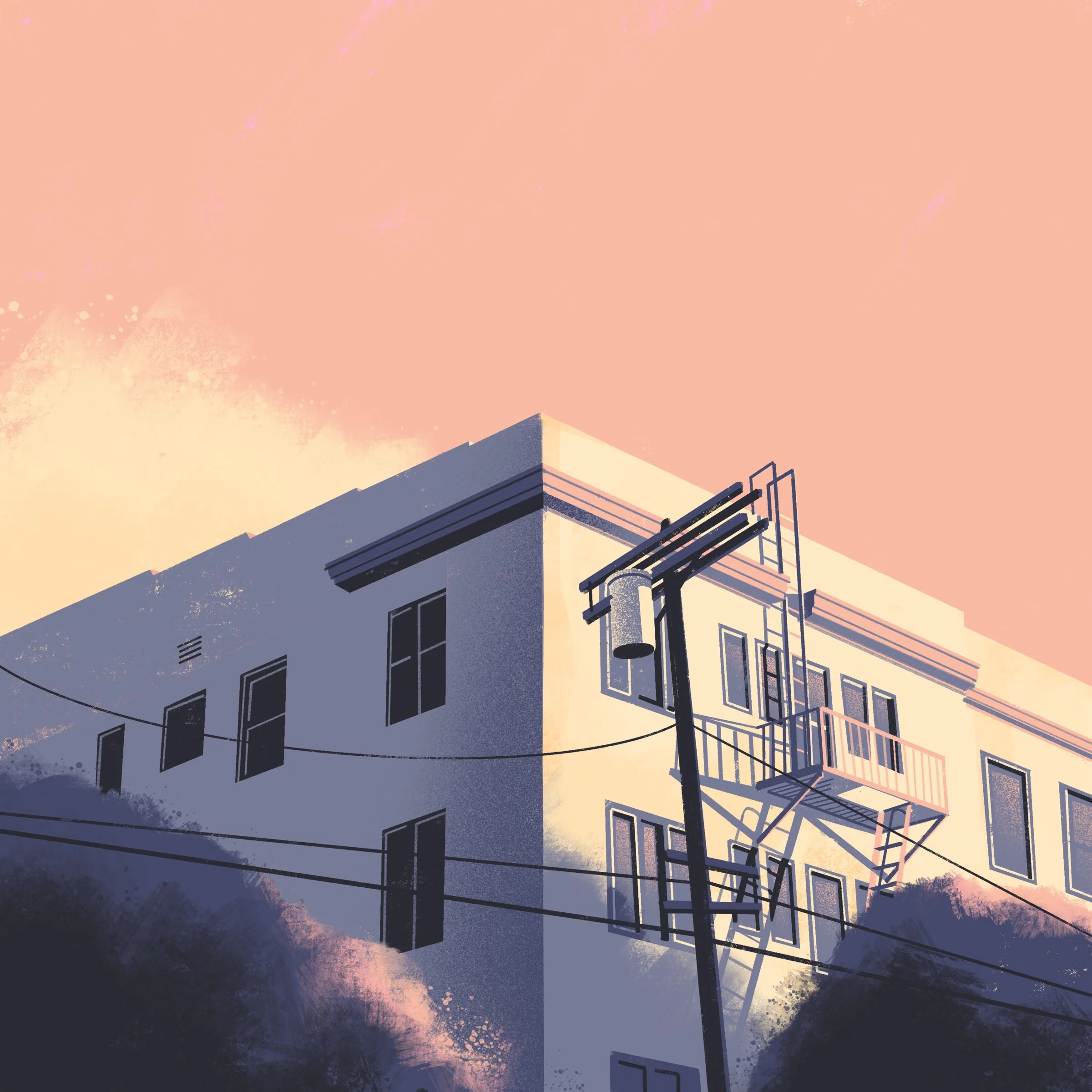 Illustration of an early 20th century apartment building with trees and power lines in the foreground by Paul Zappia