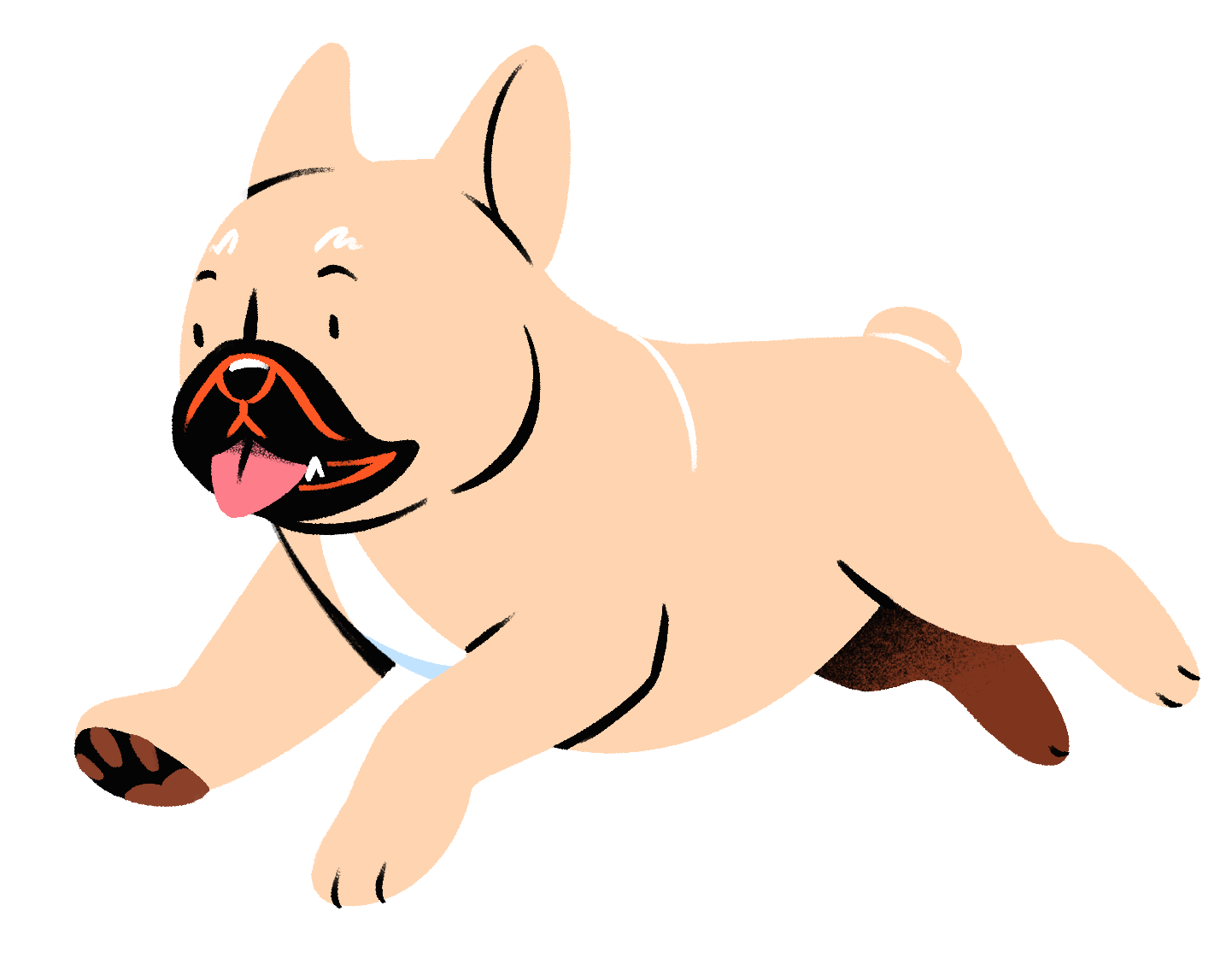 Illustration of a French Bulldog puppy with tan fur, black nose, pink tongue, and a white patch on chest, with ears perked up.
