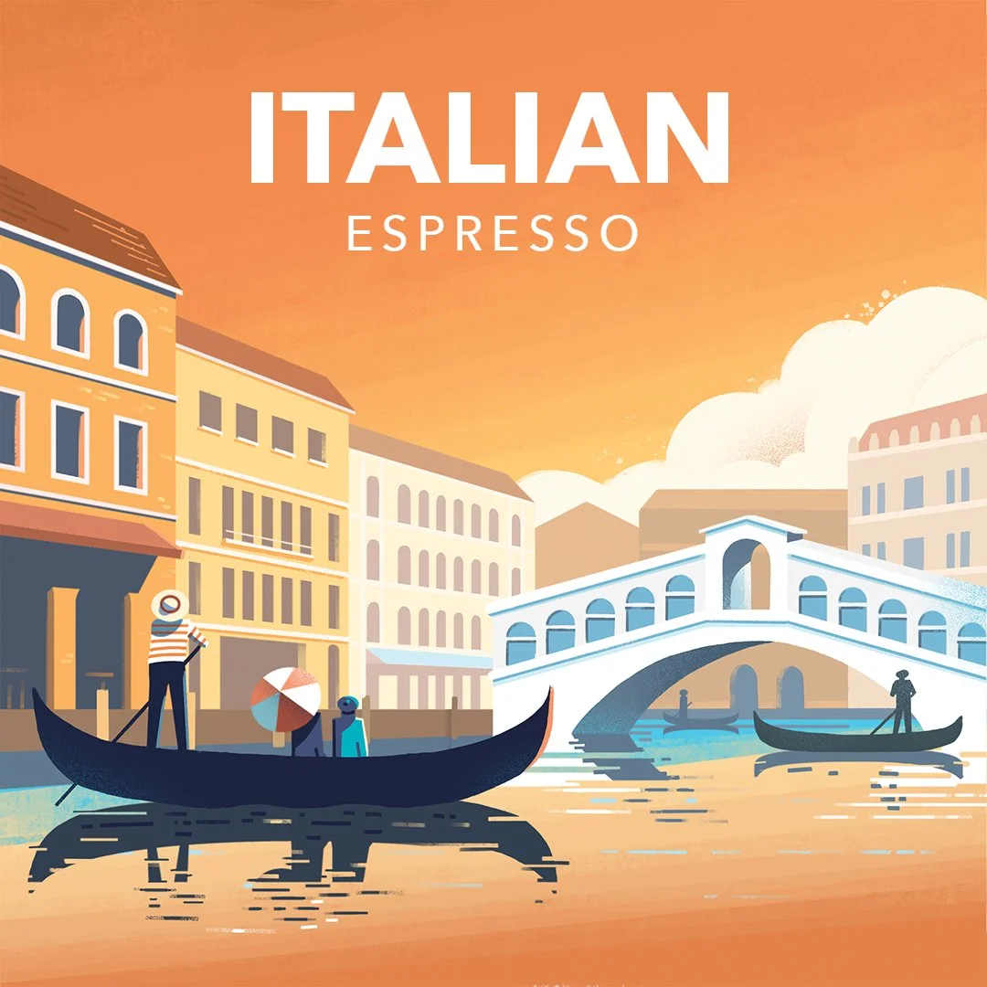 illustration of person paddling through a canal in Italy