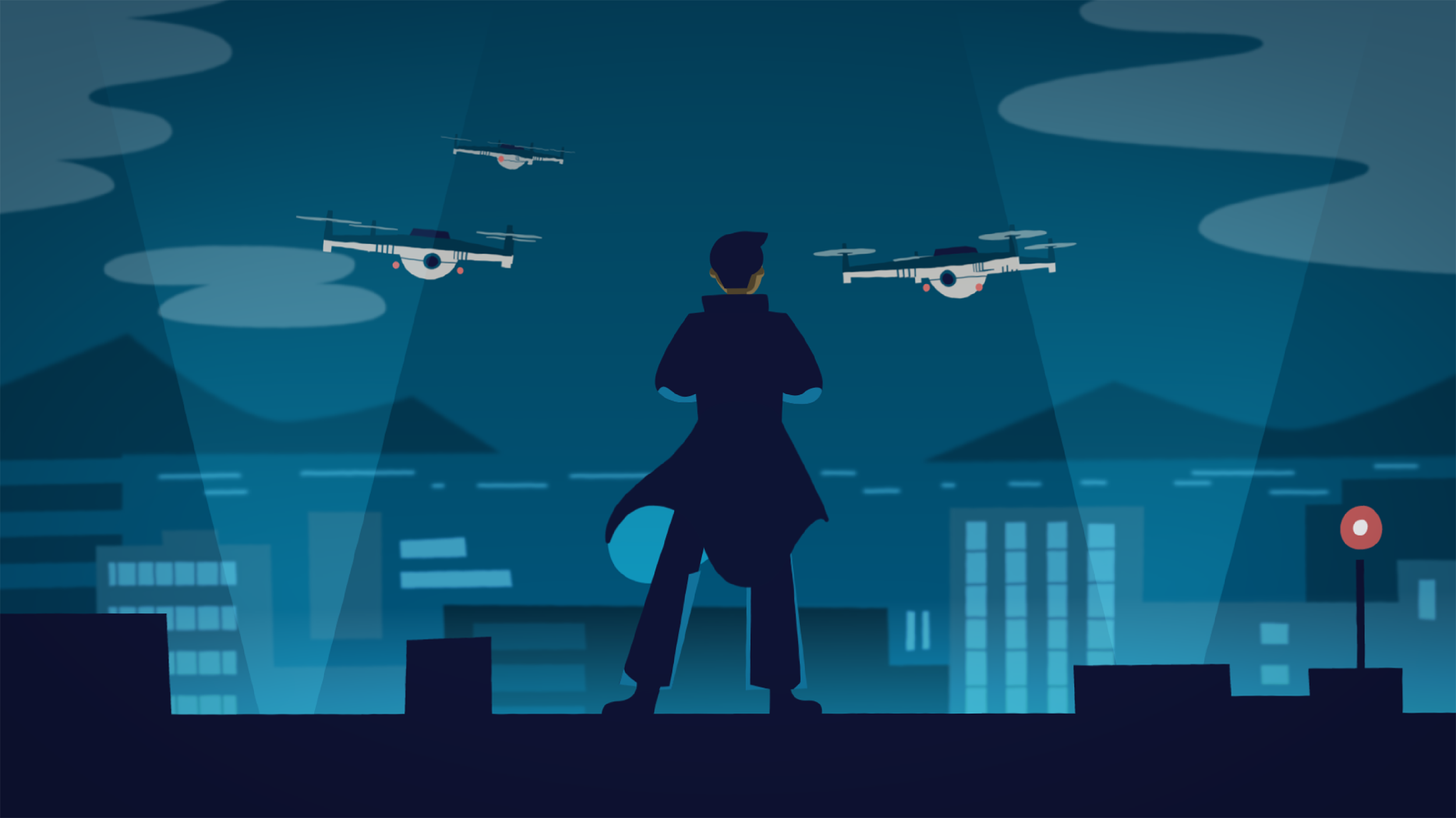 Silhouette of a person standing on a rooftop at night, overlooking a city skyline with mountains in the background. There are three flying drones with cameras above the city, spotlighting the scene.