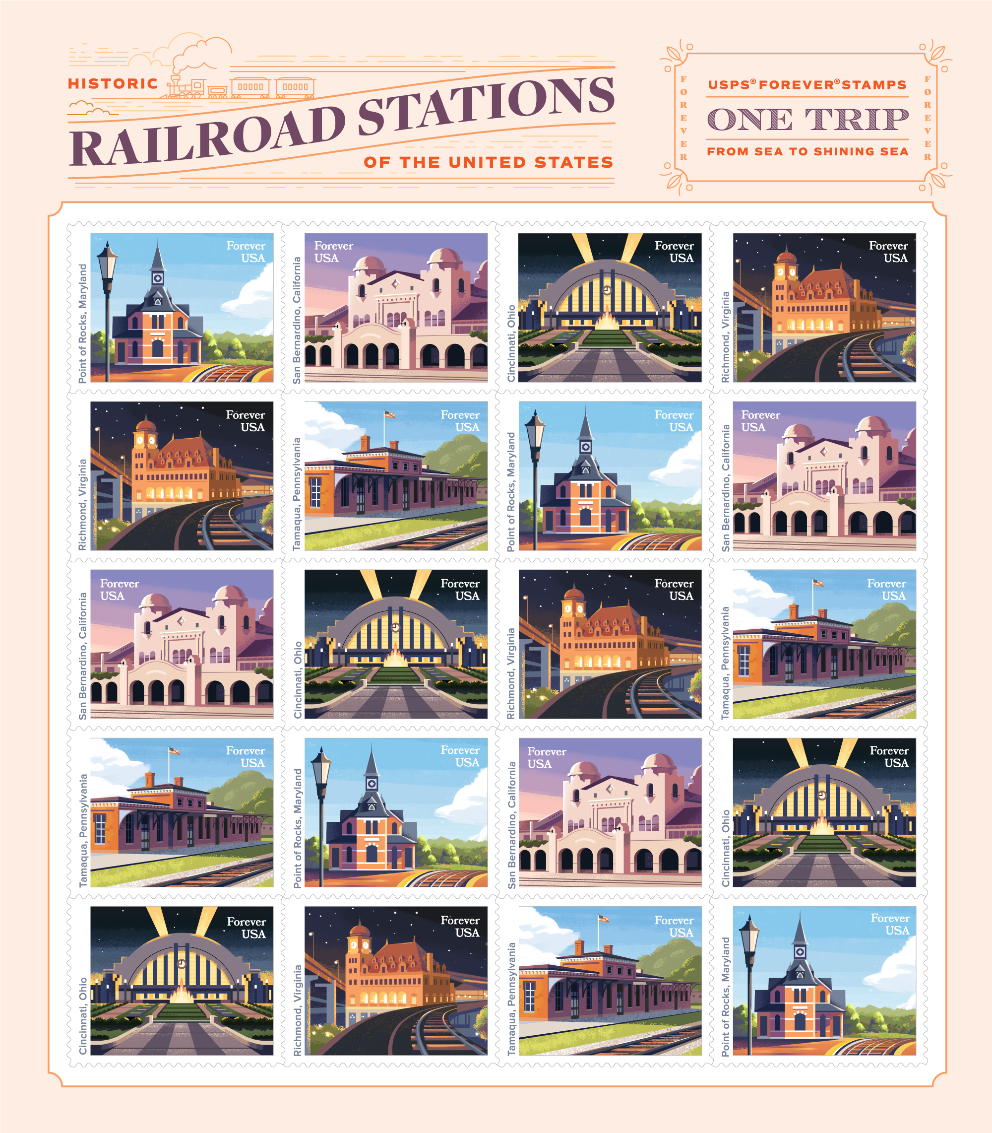 Sheet of USPS postage stamps featuring illustrations of historic railroad stations from various U.S. states, including Maryland, California, Ohio, Virginia, and Pennsylvania, with some stations depicted at night and others during the day.
