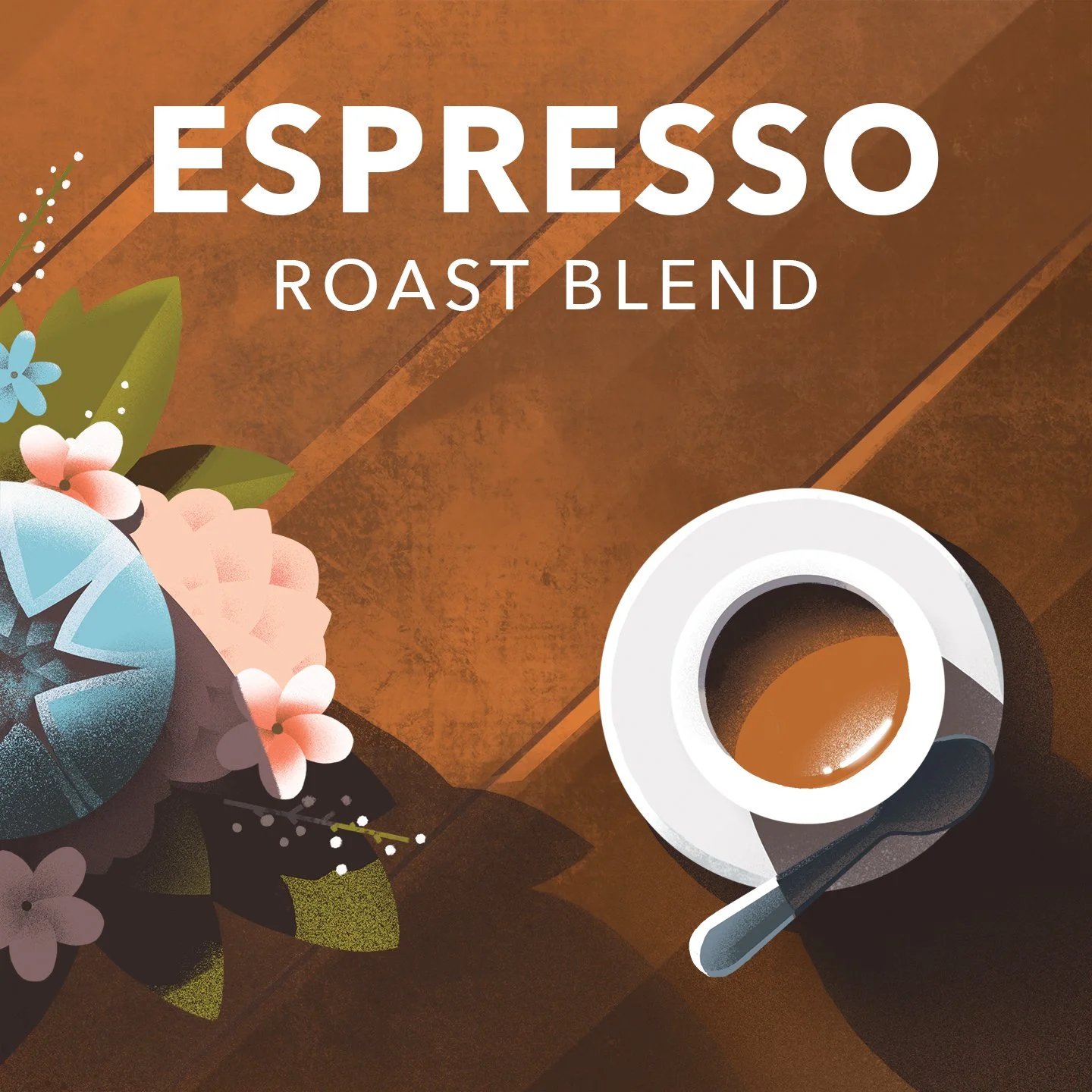 Illustration of a cup of espresso on a tabletop next to flowers