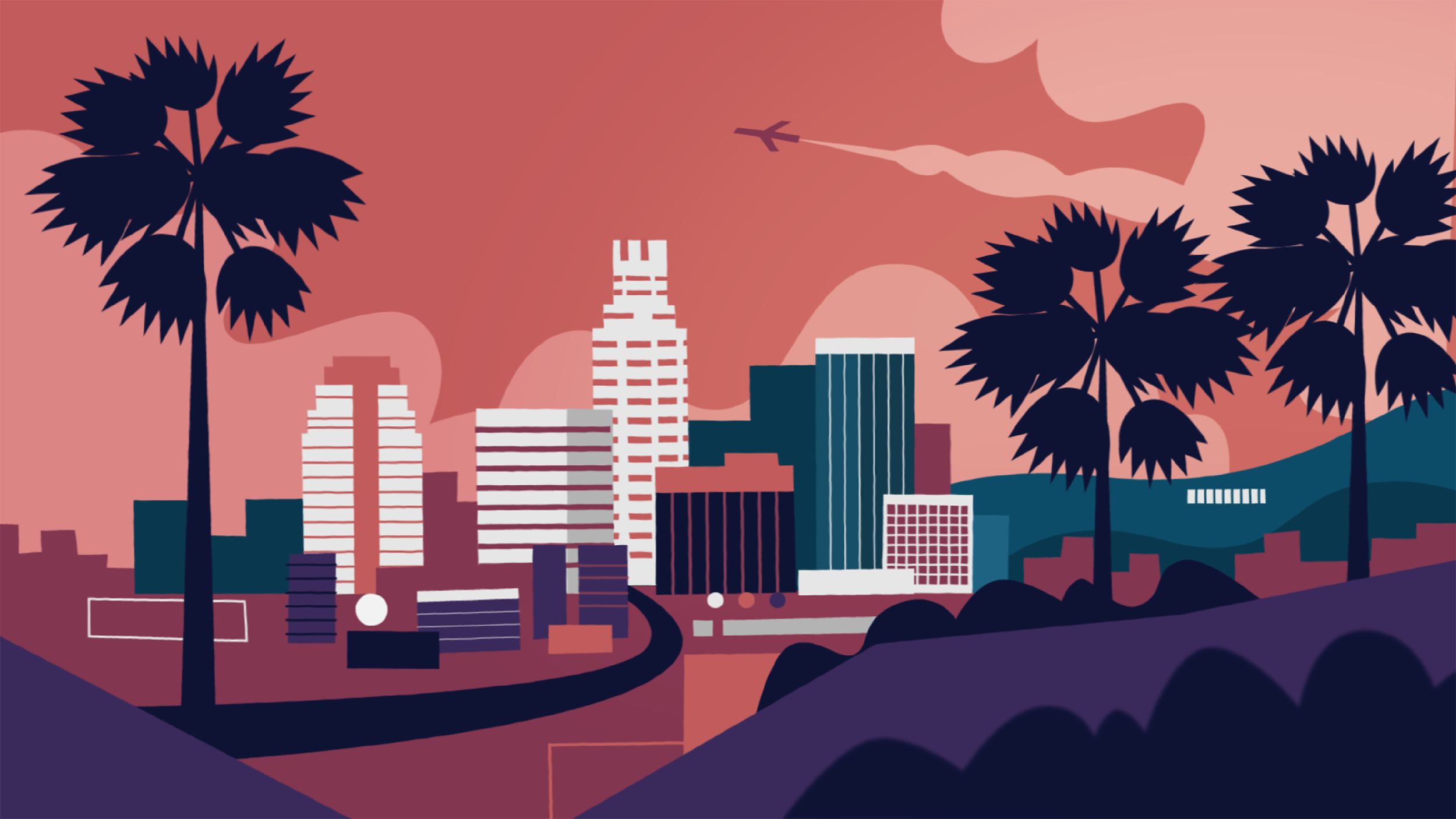 Illustration of a city skyline at sunset with palm trees in the foreground and mountains in the background.