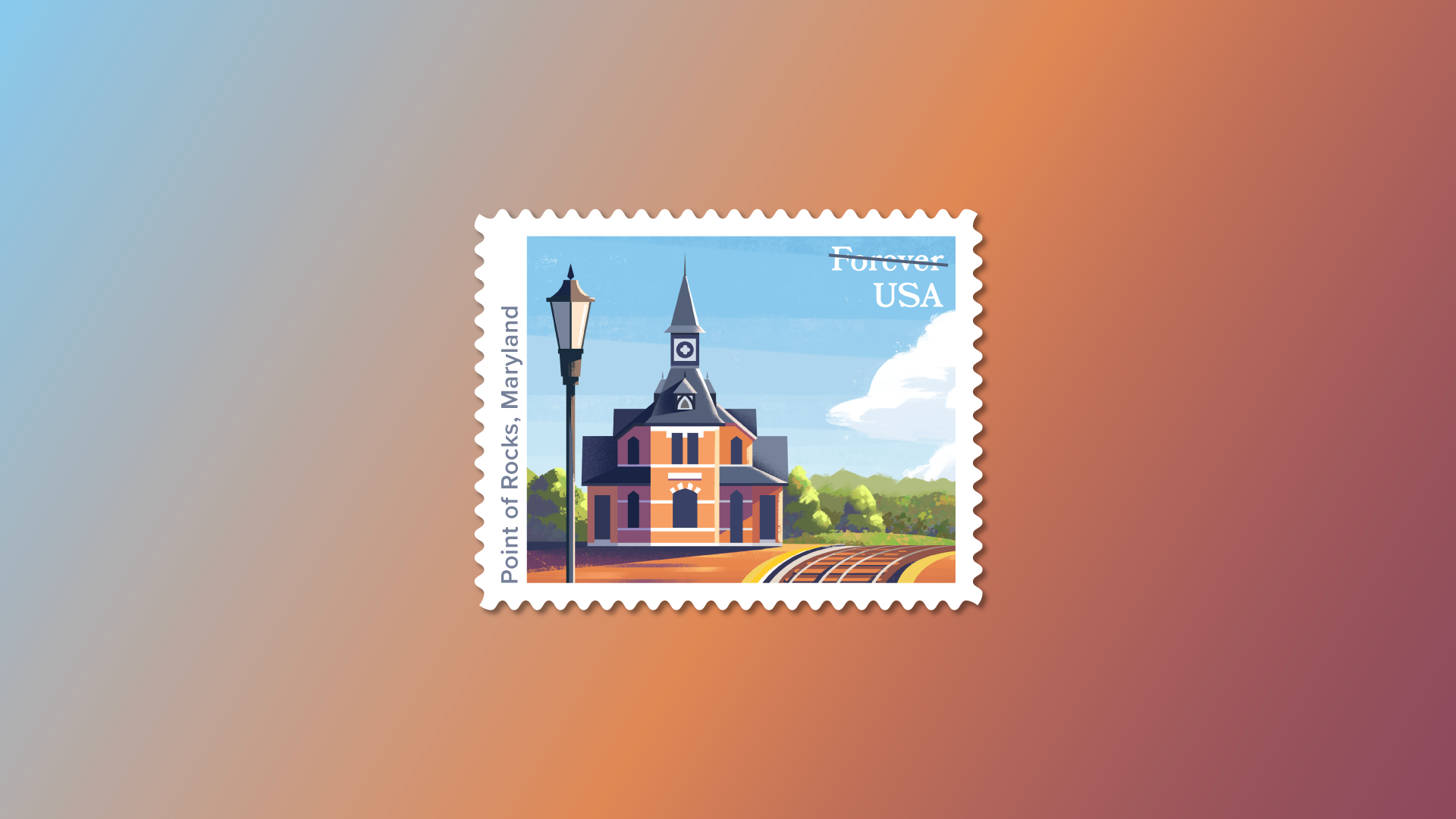 Illustrated postage stamp featuring Point of Rocks, Maryland train station, a street lamp, train tracks, green trees, and a blue sky with clouds.