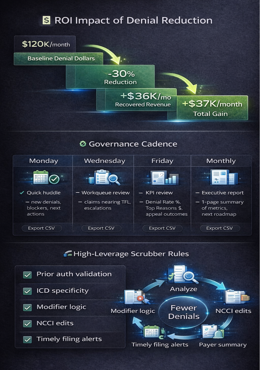 Denial reduction and governance strategy infographic