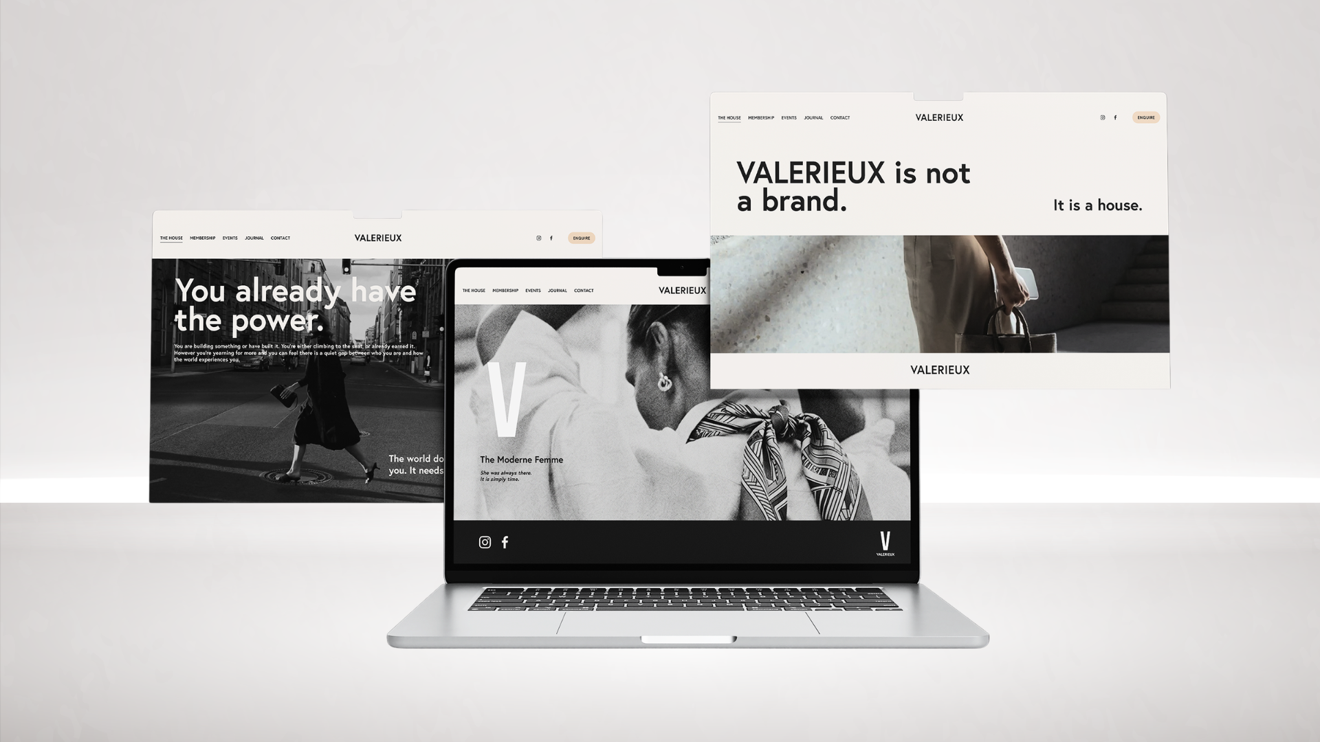 Multiple website screens displayed on a silver laptop and in floating overlays, featuring black and white and minimalistic design with bold text, images of people, and navigation menus.